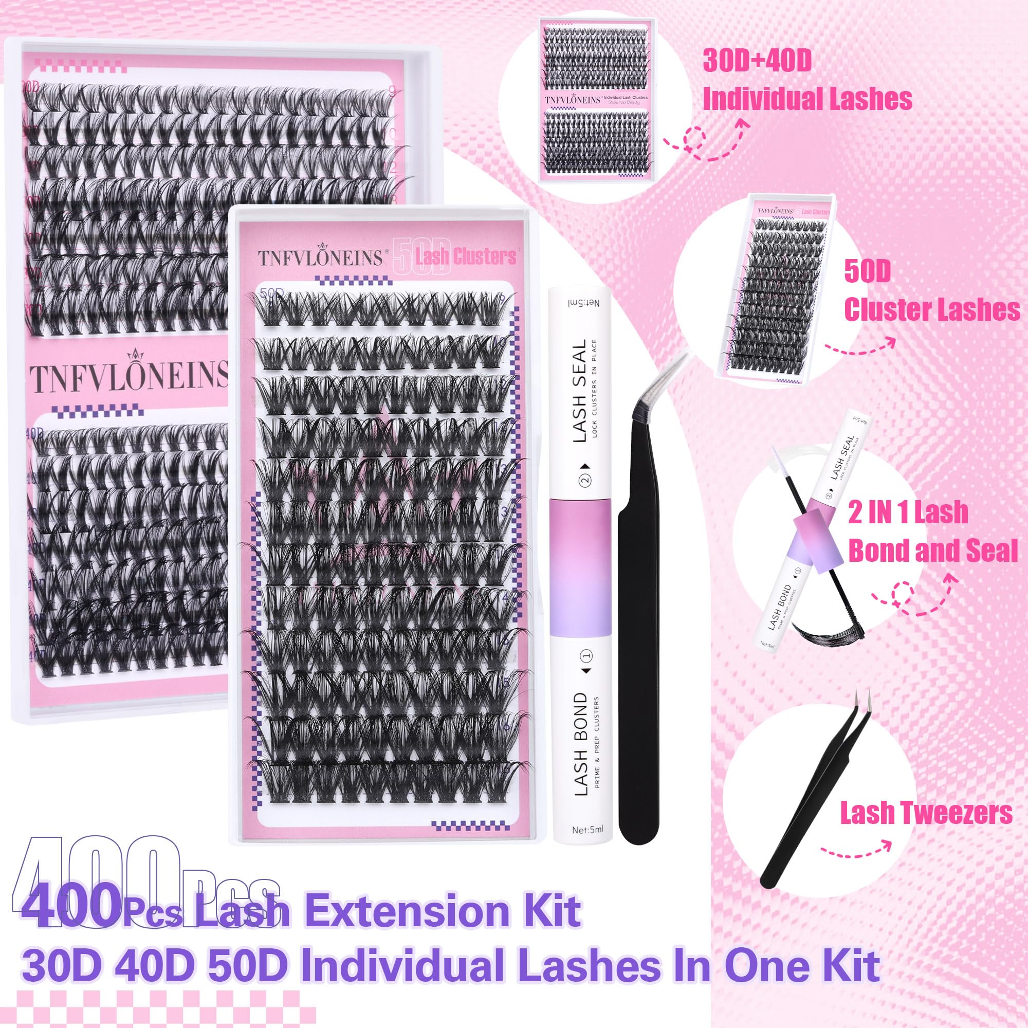 Professional DIY Lash Extension Kit - 400Pcs Cluster Lashes (30D/40D/50D) with Bond & Seal Glue & Applicator Tool - Natural Looking Individual Eyelash Extensions for Salon-Quality Results at Home - Perfect for Parties, Weddings & Special Occasions