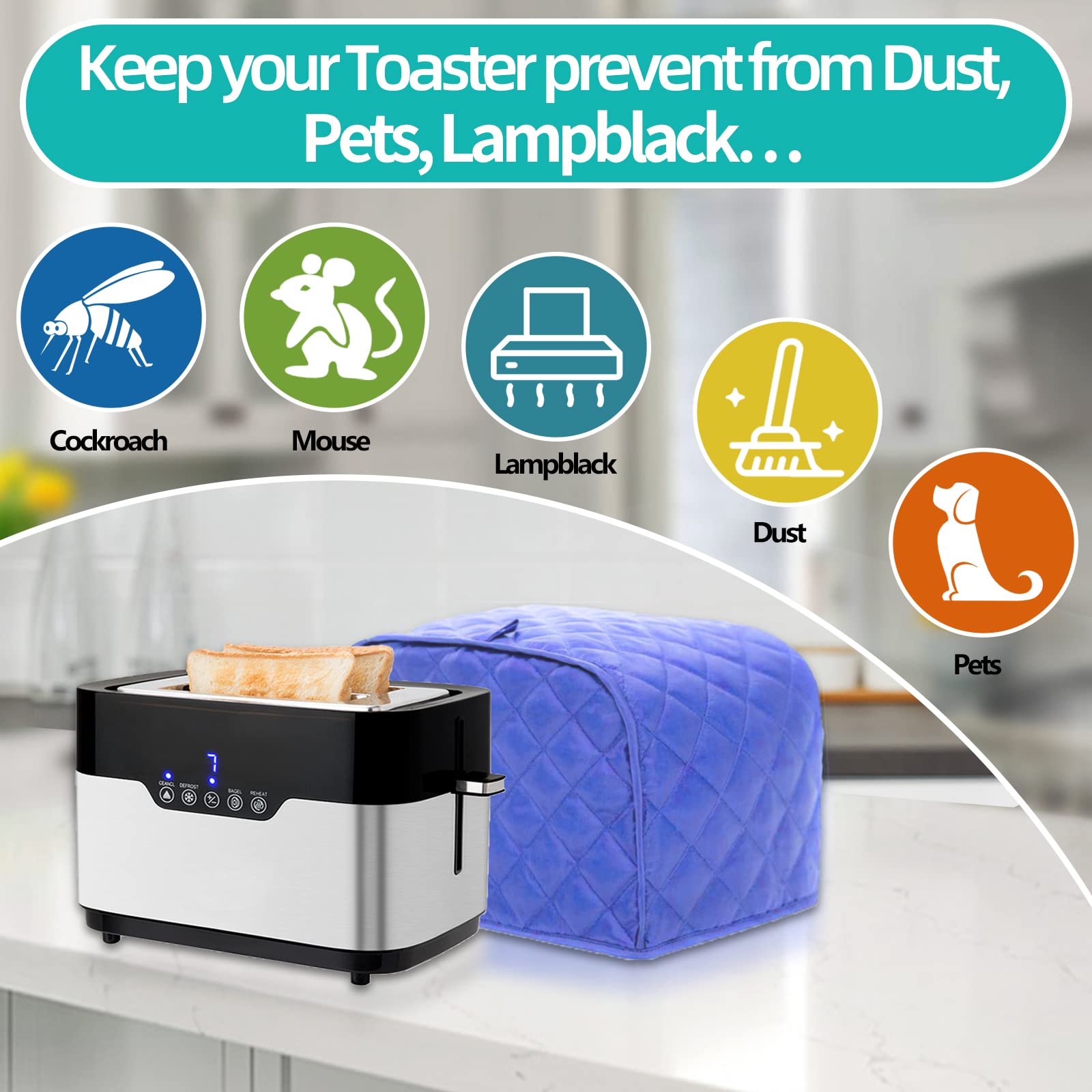 Quilted Polyester Toaster Cover for 4-Slice Bread Toaster - Dustproof & Fingerprint Resistant Bakeware Protector (Blue) - Perfect Kitchen Gift for Mom - Ideal for Countertop Protection & Home Decor