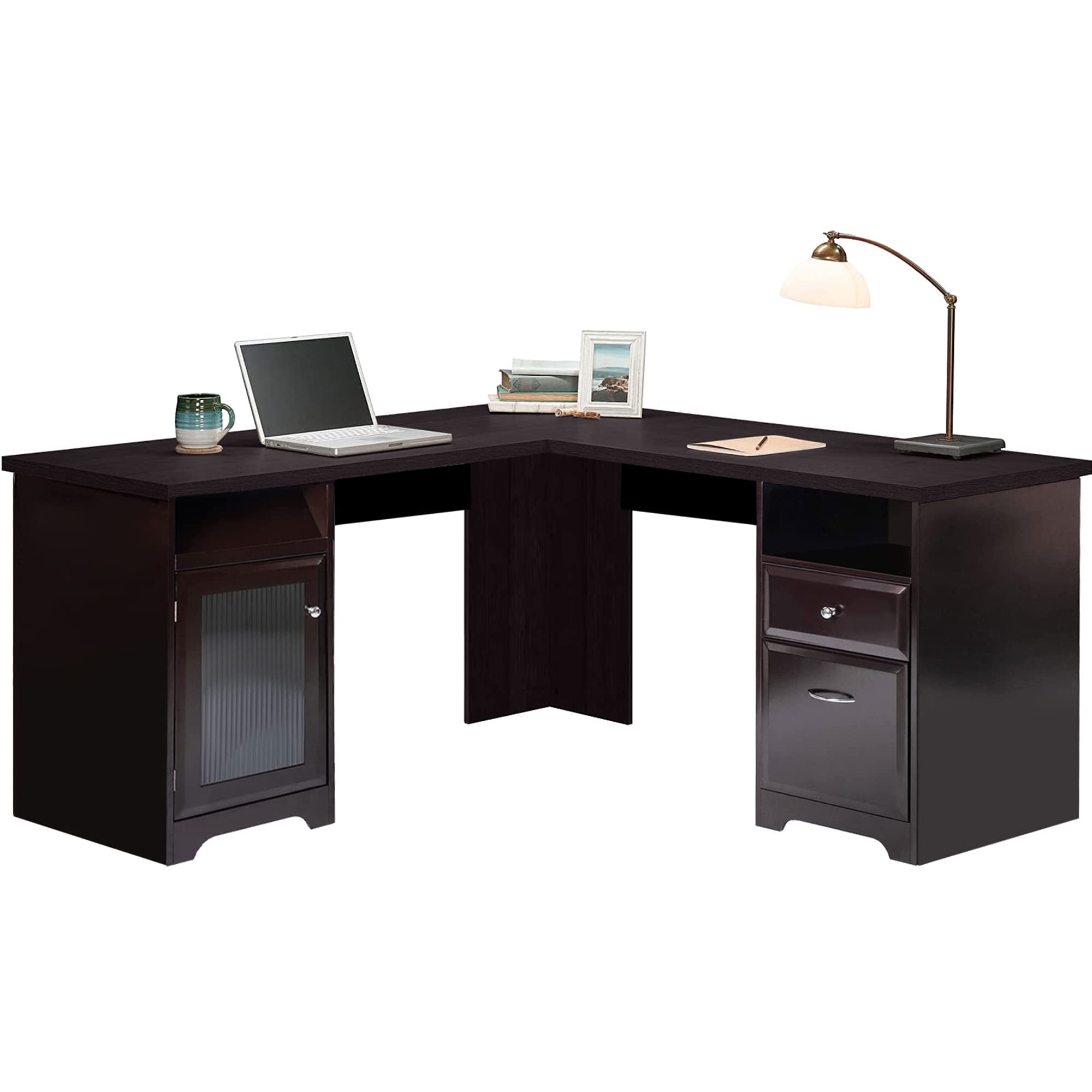 Premium L-Shaped Corner Desk with Storage Cabinet & USB Ports - Modern Home Office Computer Desk for Gaming, Workstation & Study - Dark Brown Wood (JHLDSK02S-1-3p) - Perfect for Small Spaces & Multi-Monitor Setups