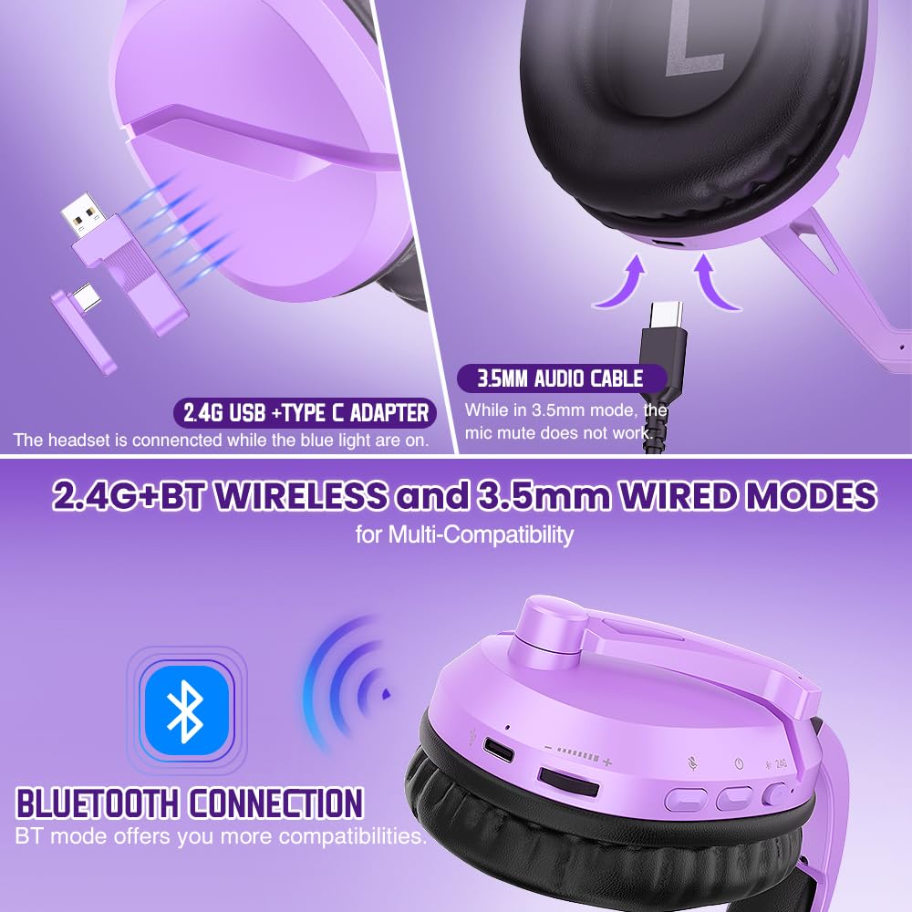 Wireless Gaming Headset with Noise Canceling Mic for PS5, PC, PS4 - 2.4G/Bluetooth Headphones with USB & Type-C - Wired Controller Mode (Purple) - Perfect for Competitive Gaming & Online Chat
