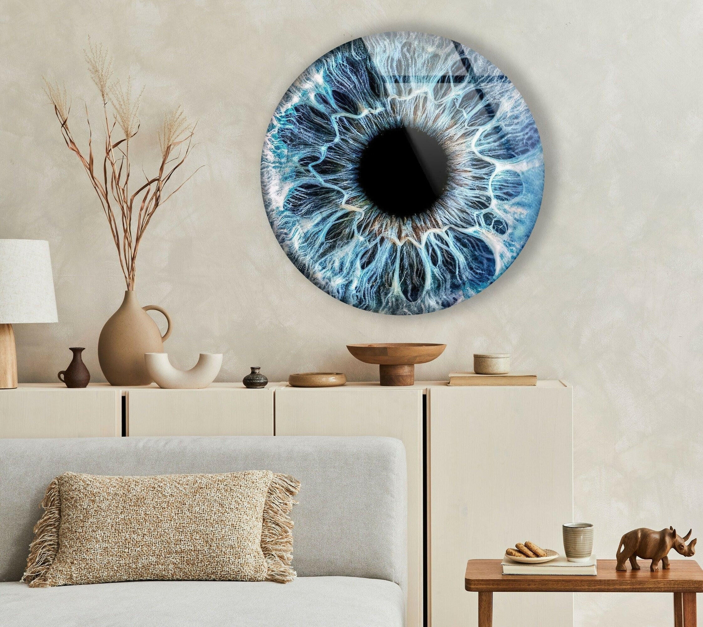 Blue Eye Round Glass Wall Art Decor - Handmade Bohemian Style Hanging Decoration for Living Room, Bedroom & Office