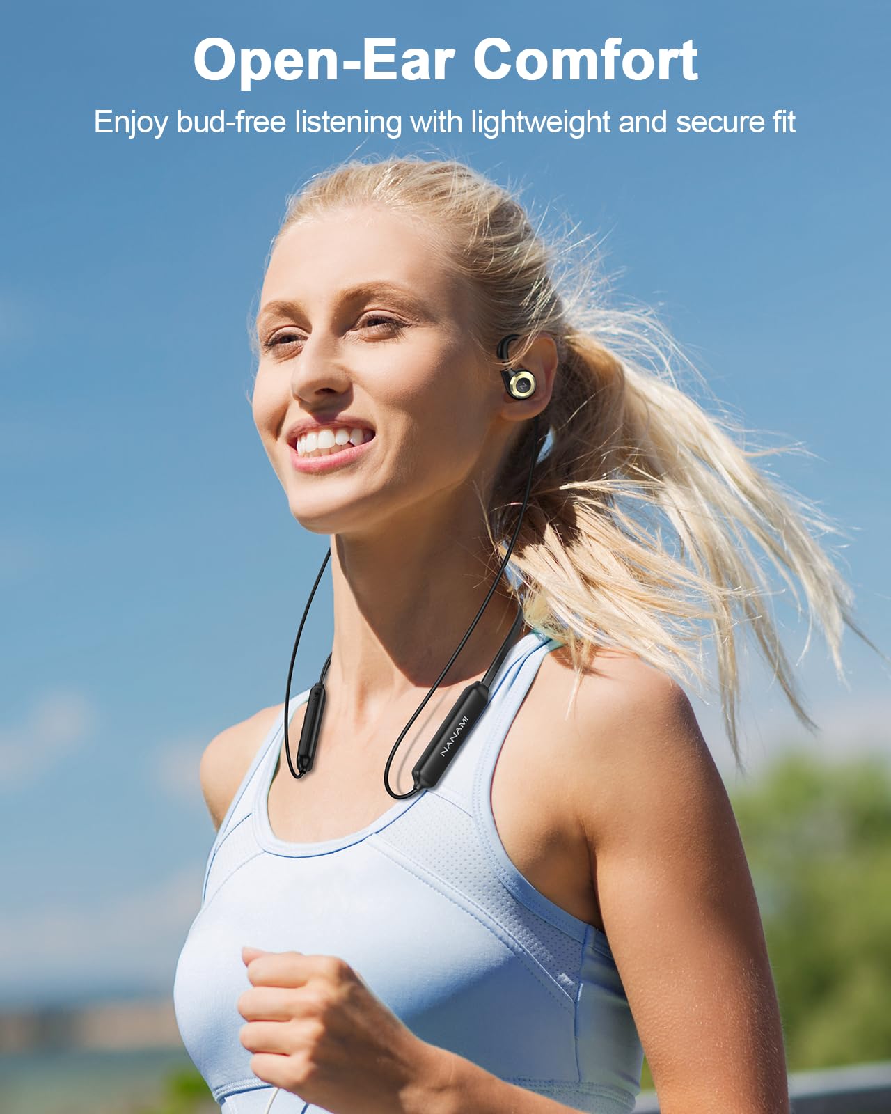 NANAMI Open Ear Wireless Bluetooth Headphones - 15H Playtime, Stereo Sound, IPX5 Waterproof Sports Earbuds with Earhooks - Perfect for Running, Workout, Gym & Outdoor Activities