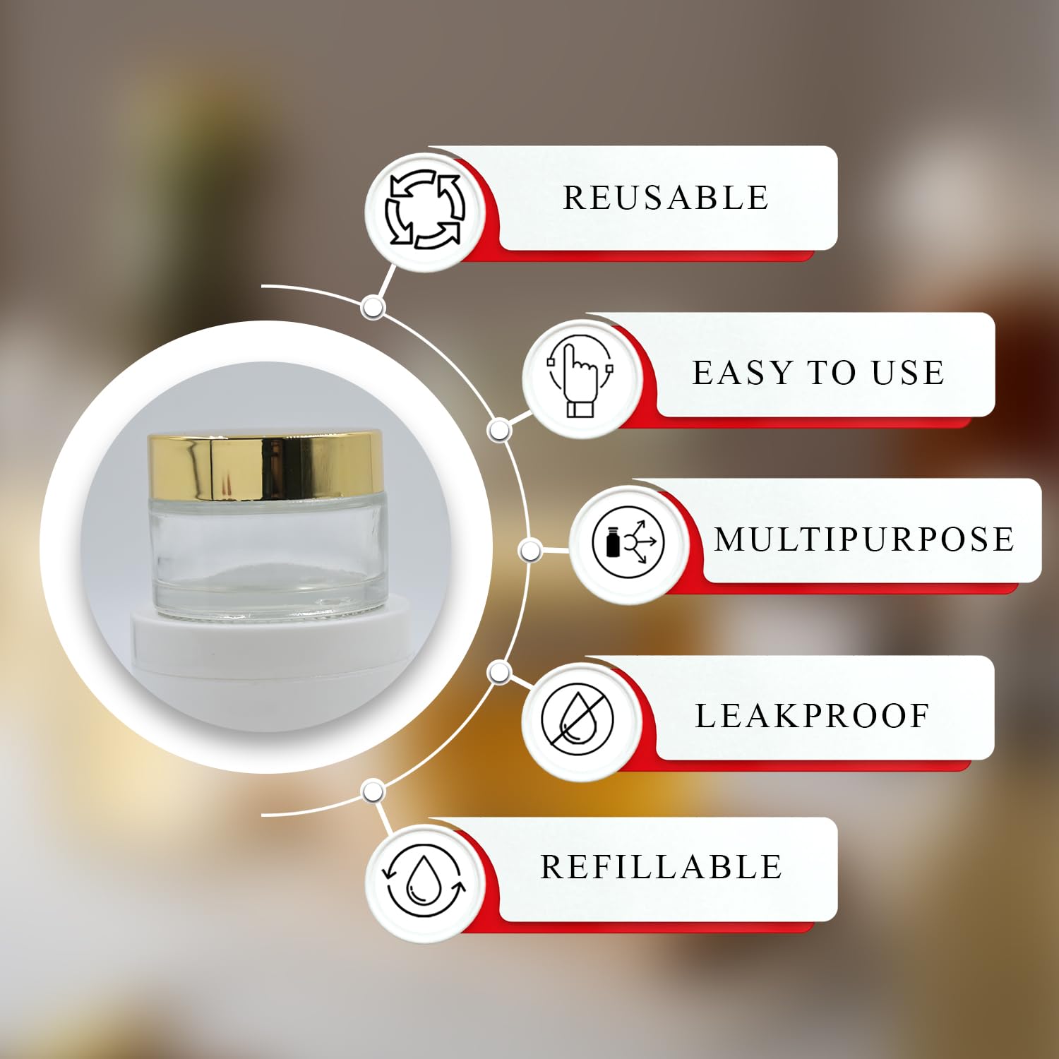 30ml Clear Round Empty Glass Cosmetic Jars with Gold Cap & White Inner Lids - Perfect for Creams, Balms, Face Scrubs & Body Lotions | Happy Packaging (Pack of 3) - Ideal for DIY Skincare, Travel Containers & Gift Packaging
