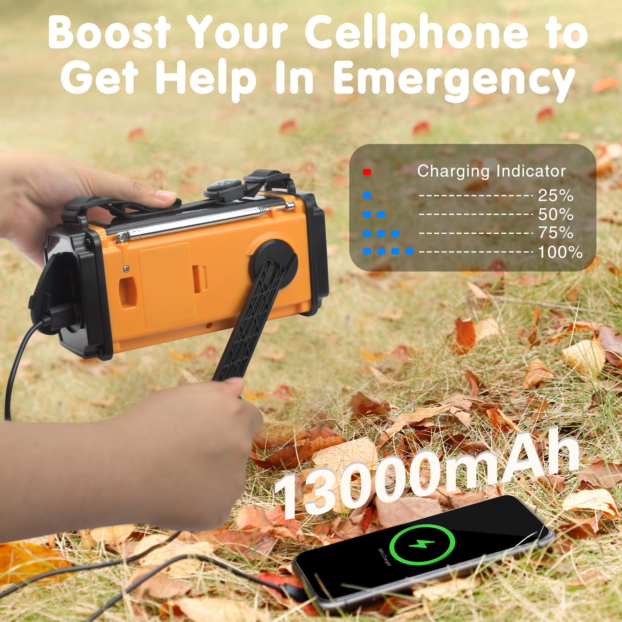 13000mAh Solar Emergency Weather Radio - NOAA/AM/FM Portable Survival Radio with Hand Crank, USB Phone Charger, Flashlight & Reading Lamp - Perfect for Hurricane, Camping, Hiking and Power Outages