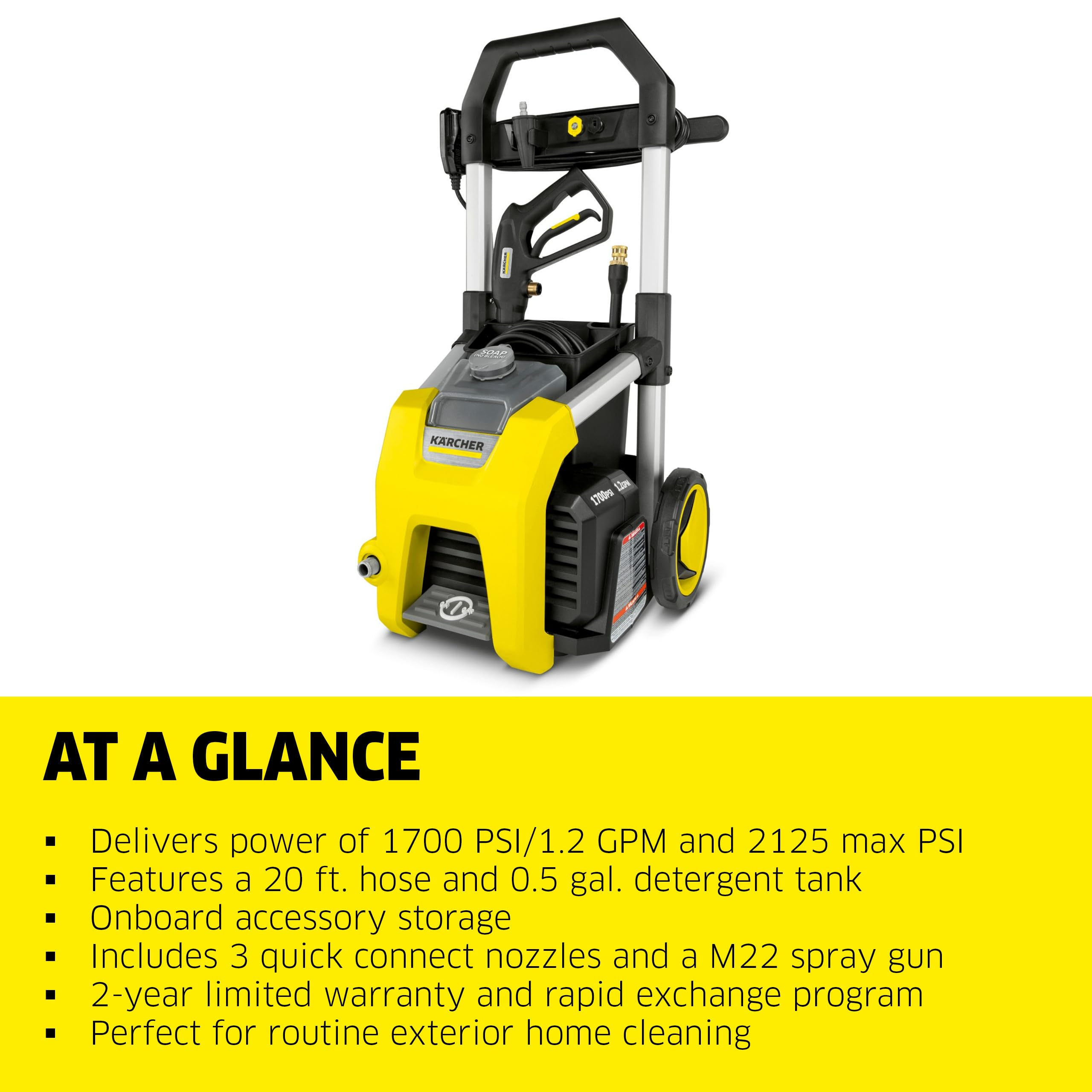 Karcher K1700 Electric Pressure Washer - 2125 PSI, 1.46 GPM, 3 Nozzles & Detergent Tank for Deep Cleaning Cars, Driveways, Patios & Home Exteriors | Perfect for Auto Detailing, Concrete Cleaning & Outdoor Maintenance