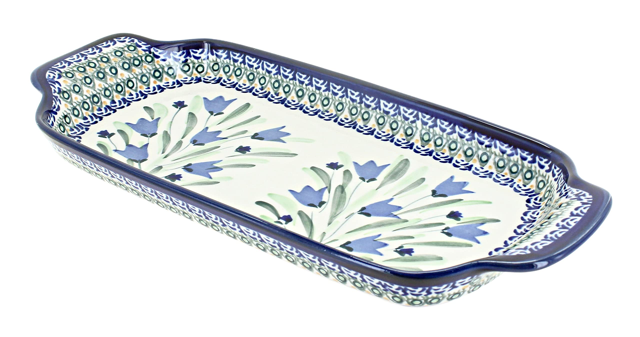 Handmade Blue Rose Polish Pottery Bread Tray with Handles - Blue Tulip Design for Serving, Baking & Kitchen Decor