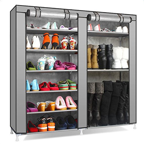 BNSPLY Double Row Non-Woven Fabric Shoe Rack - Holds 27 Pairs, Portable Shoe Storage Organizer with Durable Cover, Space-Saving Grey Shoe Shelf for Closet, Entryway, or Bedroom Organization
