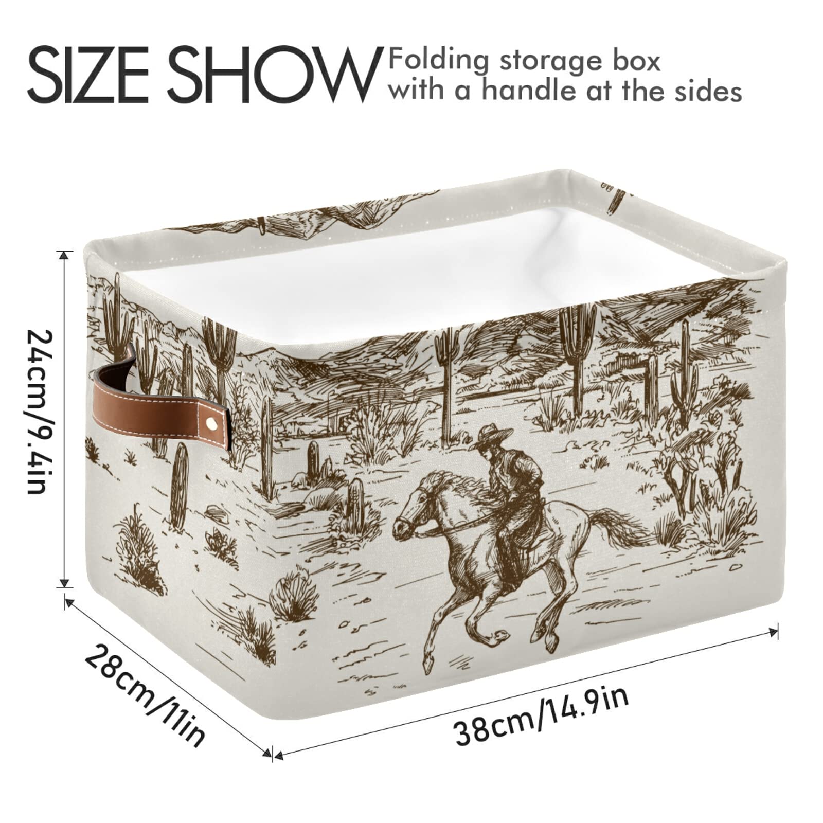 Western Desert Cowboy Storage Basket with Handle - Large Collapsible Storage Bin for Shelves, Closet, Bedroom & Living Room - Perfect for Organizing Toys, Blankets & Home Decor (1PC)