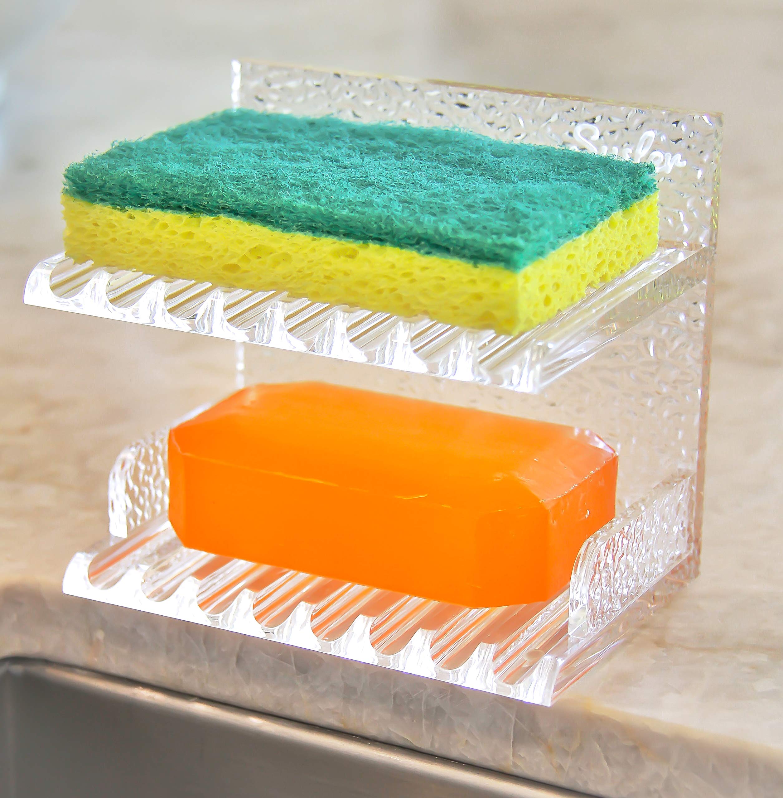 Acrylic Sponge and Soap Holder - 2-in-1 Double Shelf with Drainage for Kitchen Sink, Bathroom & Shower | Durable Soap Dish & Soap Saver for Home, RV, Apartment Use