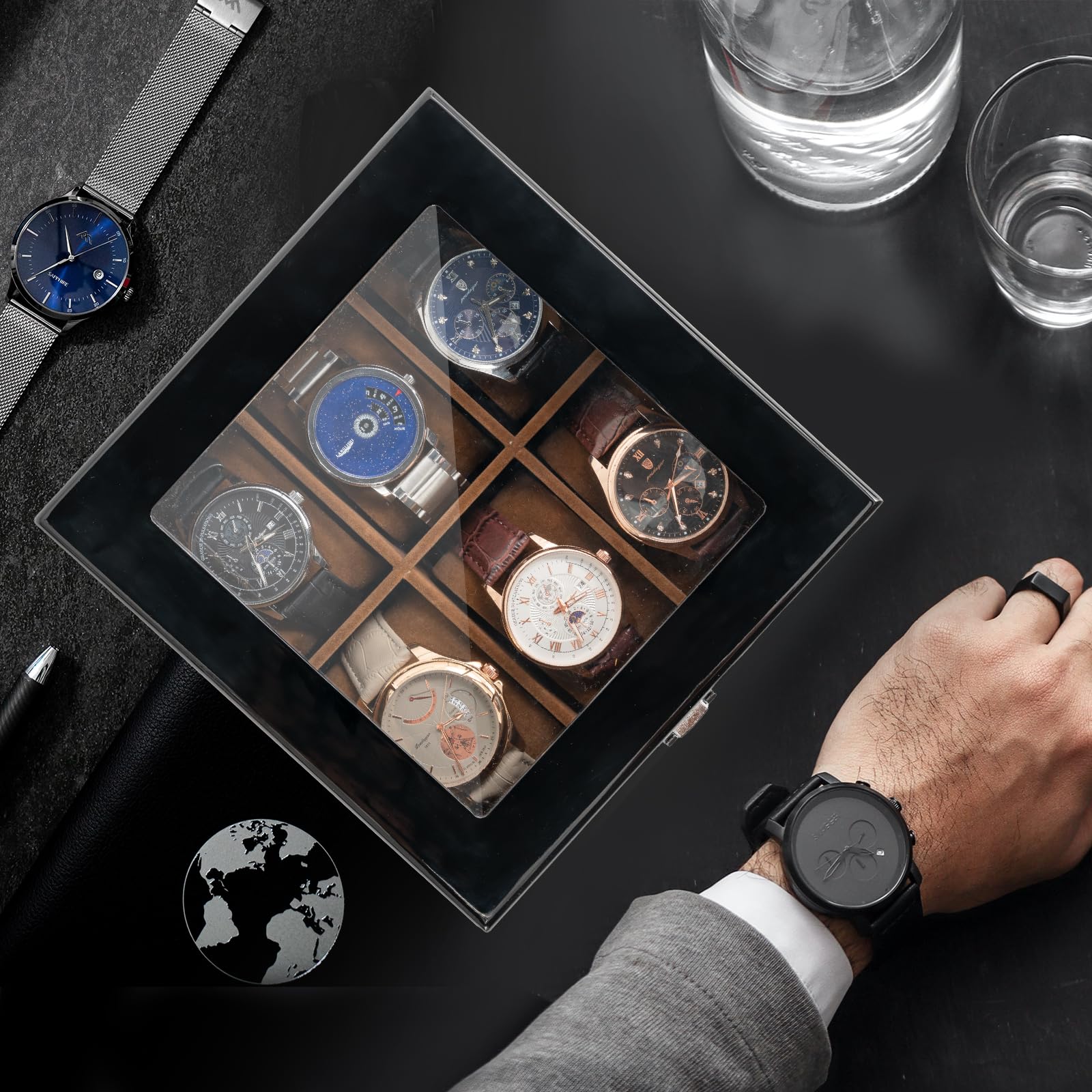 ProCase 6-Slot Lacquered Wooden Watch Box for Men - Premium Watch Organizer with Glass Top & 2-Tier Display Case - Perfect for Wristwatch Storage, Collection Display, and Travel (Black)