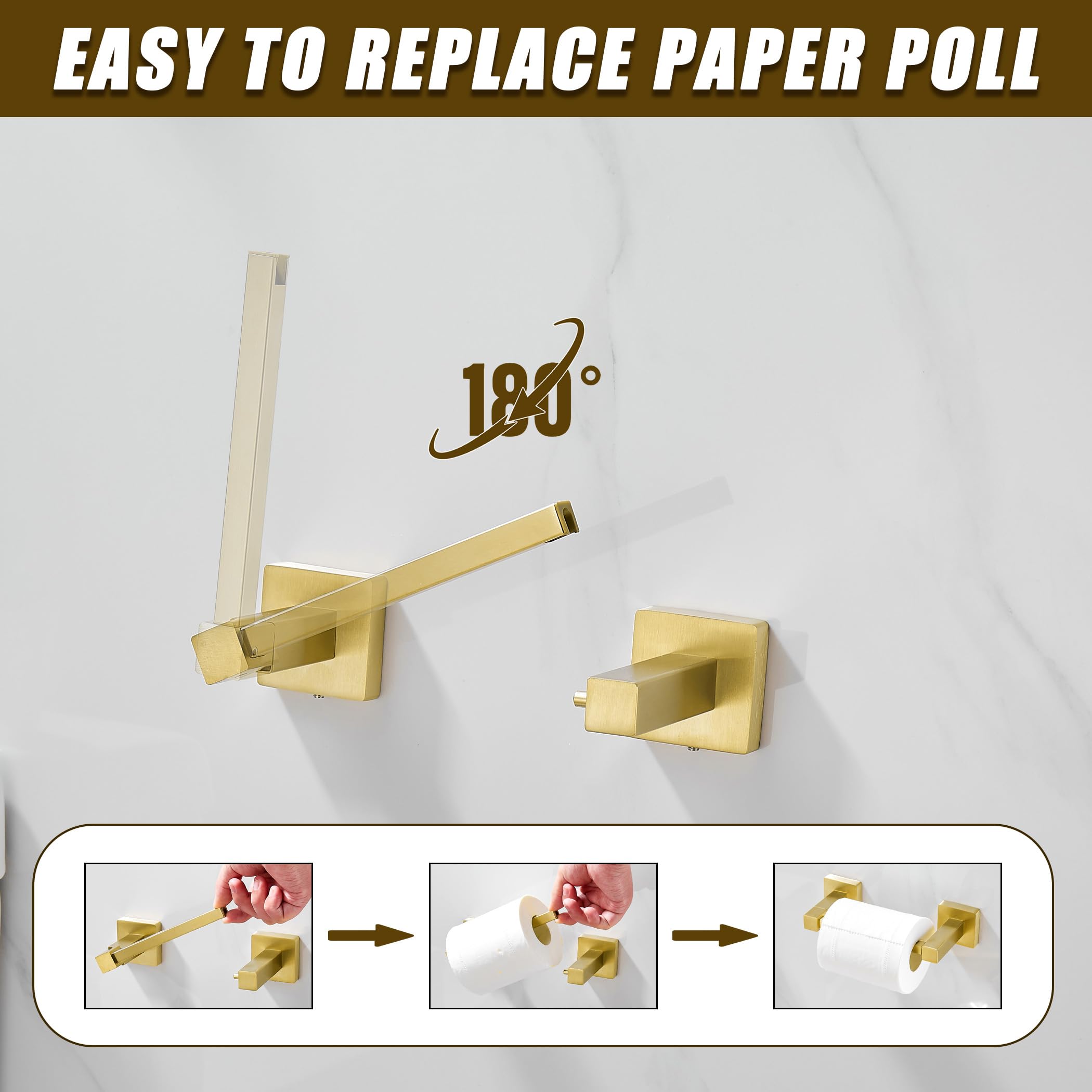 Modern Brushed Gold Toilet Paper Holder & Towel Ring Set - Wall Mounted Bathroom Tissue & Towel Holder with Double Post - Square Design 2-Piece Set - Perfect for Bathroom, Powder Room & Guest Toilet Decor