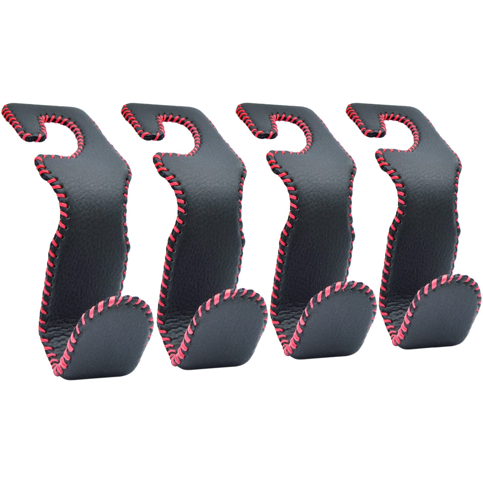 Premium Car Headrest Hooks - 4 Pack Black & Red Leather Hangers for Purses, Bags & Coats - Durable Car Accessories for Organization & Convenience While Driving