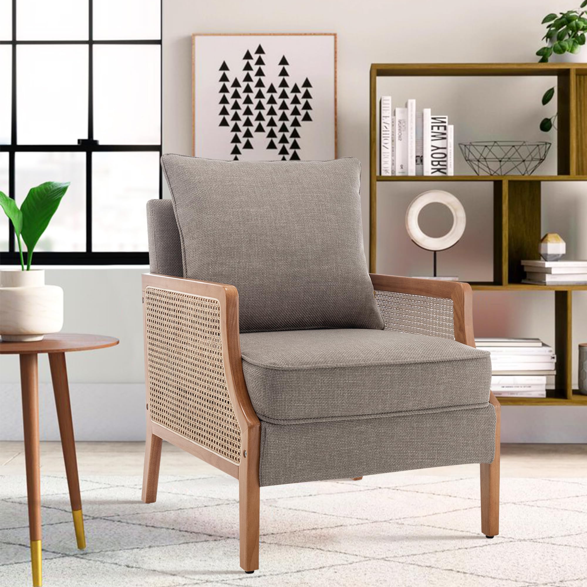 HAOBO Mid Century Modern Accent Chair - Upholstered Living Room Armchair with Rattan Armrest & Wood Frame - Comfortable Lounge Chair with Waist Cushion - Perfect for Reading Nook, Living Room Decor & Cozy Sitting Area
