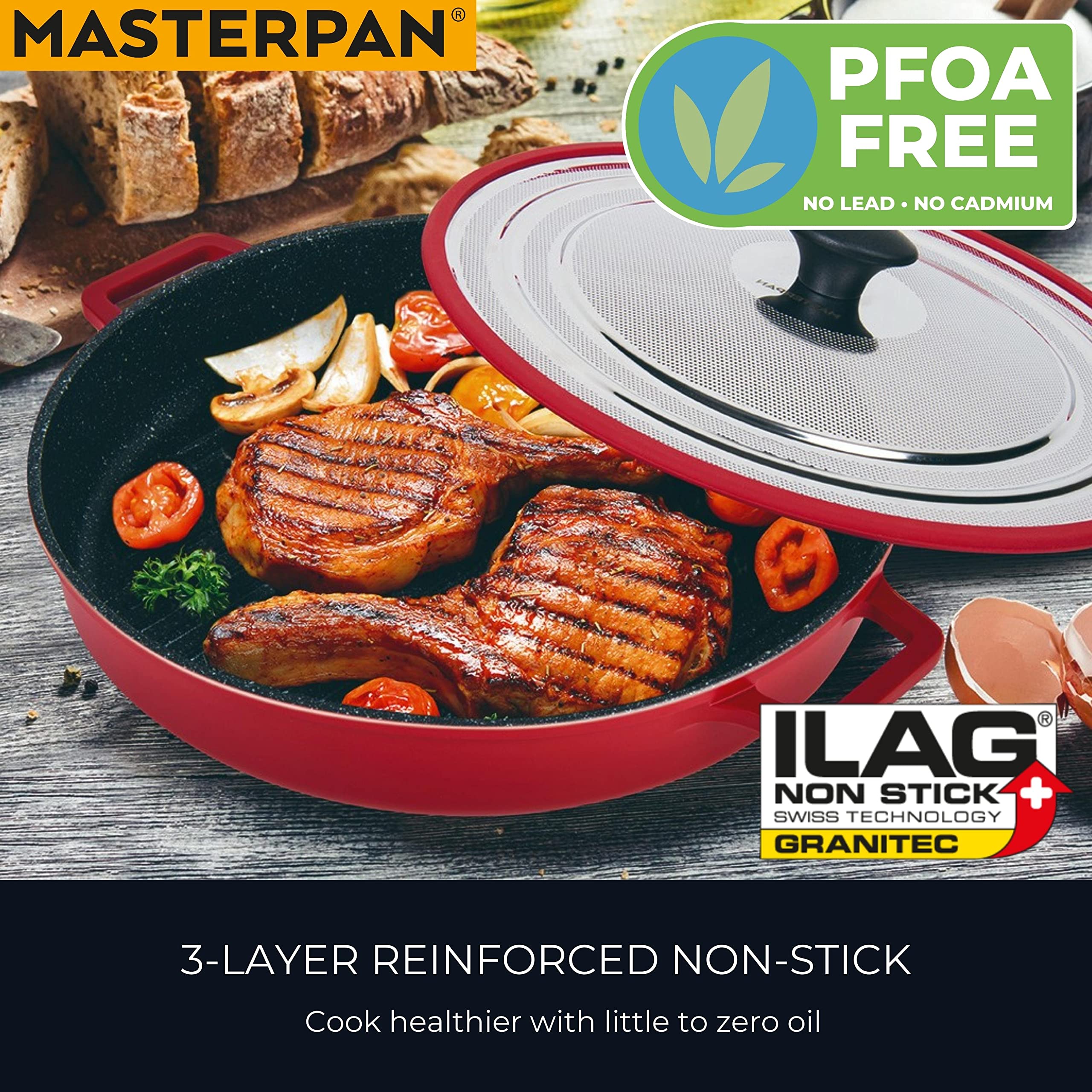 Non-Stick Stovetop Oven Grill Pan with Steam Venting Lid - 12 Inch Red Skillet for Grilling, Searing & Roasting - Perfect for Steaks, Burgers & Vegetables - Oven & Stovetop Safe Cookware