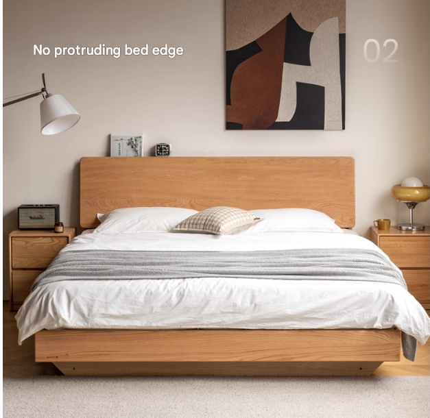 Solid Oak & Black Walnut Wood Floating Platform Bed with LED Lighting - Modern Bedroom Furniture for Contemporary Home Decor