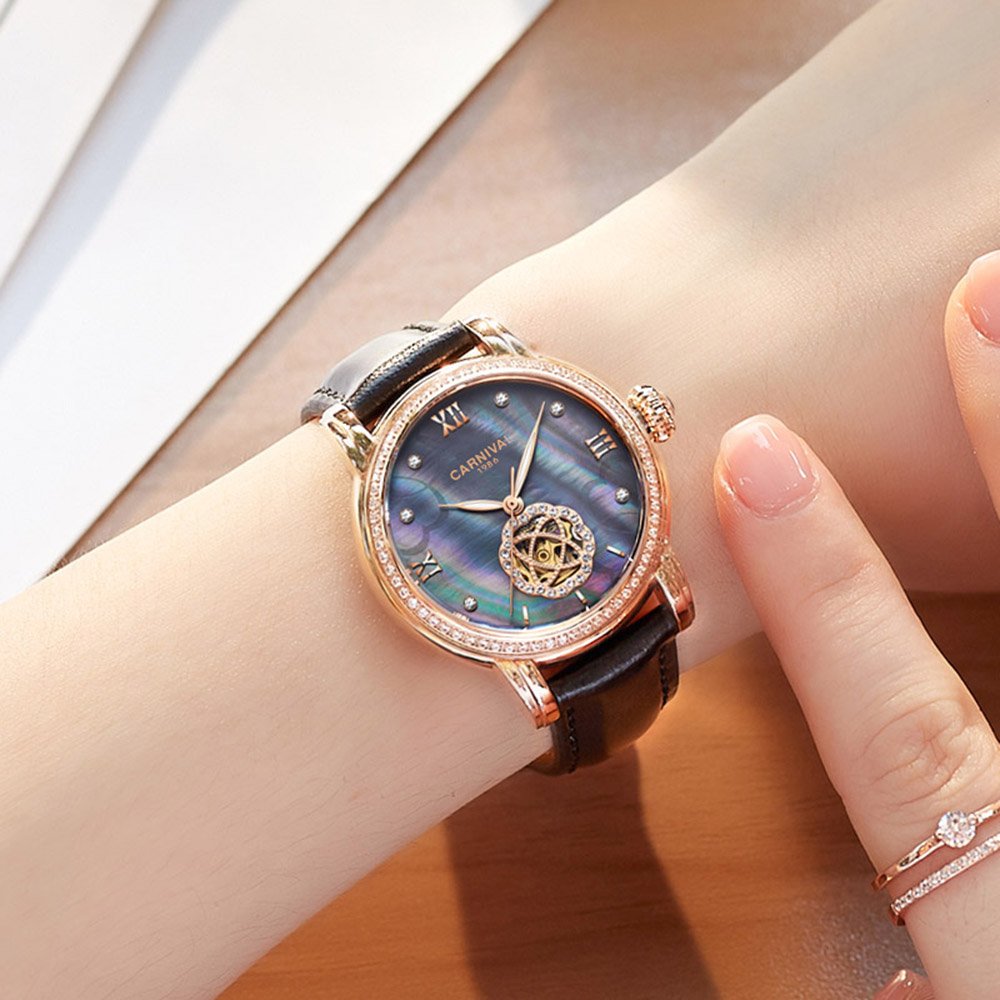 MASTOP Luxury Hollow Automatic Mechanical Watch for Women - Luminous, Waterproof, Leather Strap with Diamonds | Perfect for Business, Party & Everyday Wear