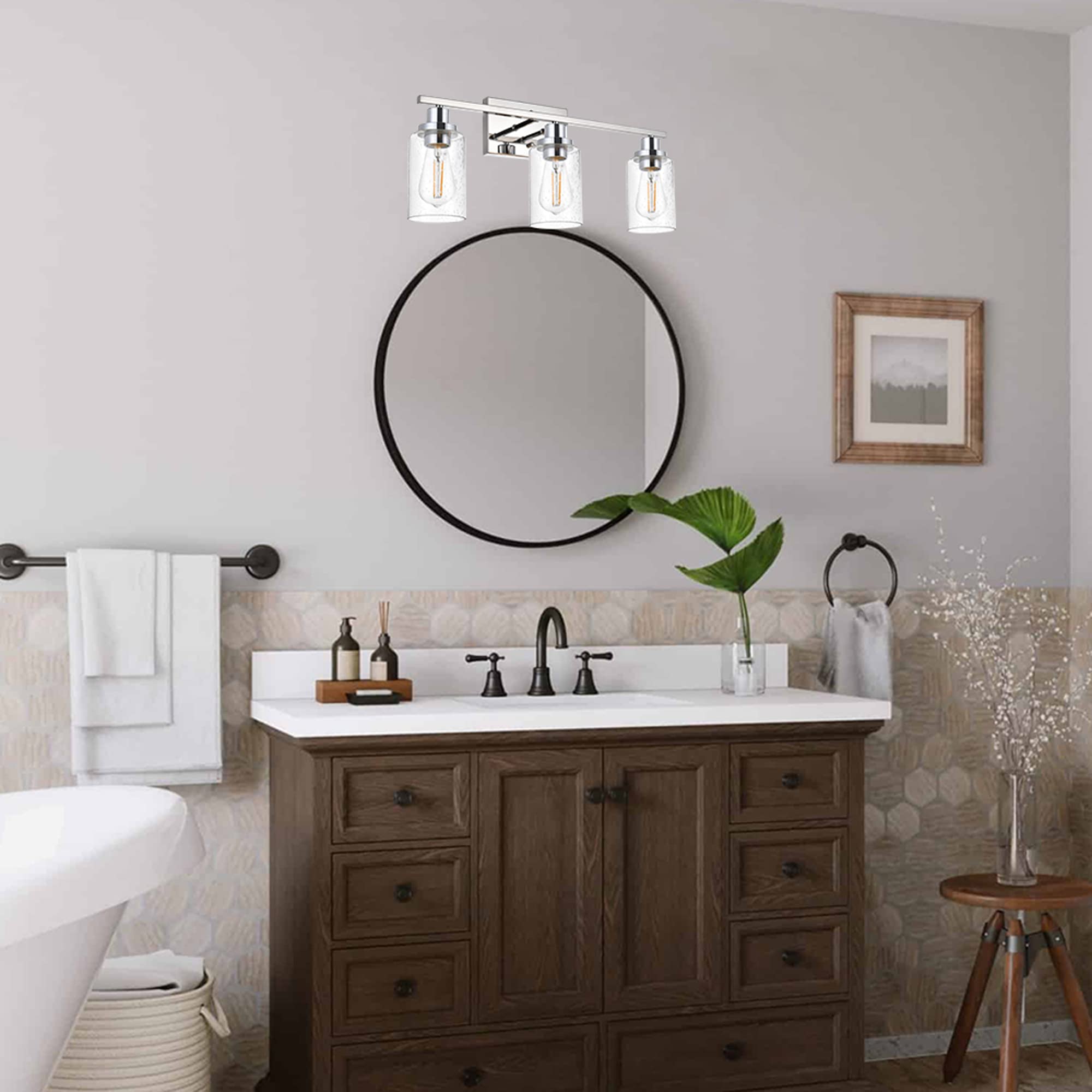 MELUCEE 3-Light Chrome Vanity Bathroom Mirror Lights with Bubbled Glass Shades - Modern Wall Sconce Lighting for Bathroom, Hallway, Kitchen & Foyer - Dimmable Indoor Fixture (Patent: US D963914 S) - Perfect for Makeup Vanity, Dressing Room & Home Decor
