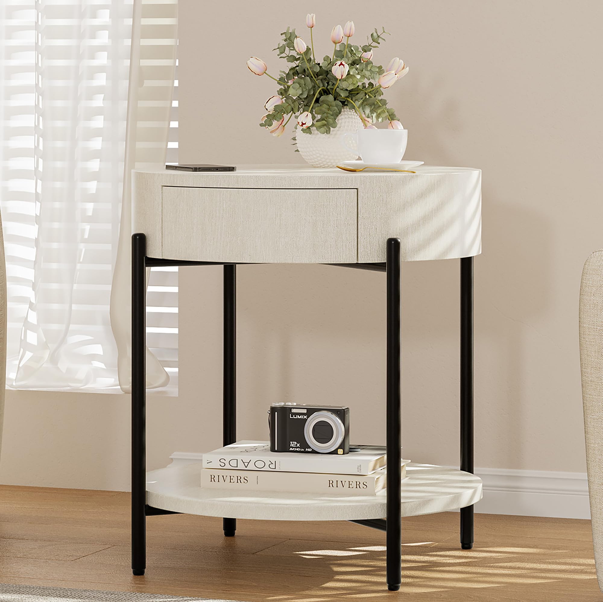Round Wooden End Table with Drawer - Modern Side Table & Bedside Nightstand for Living Room, Bedroom, Office - Small Circle Accent Table with Storage Space