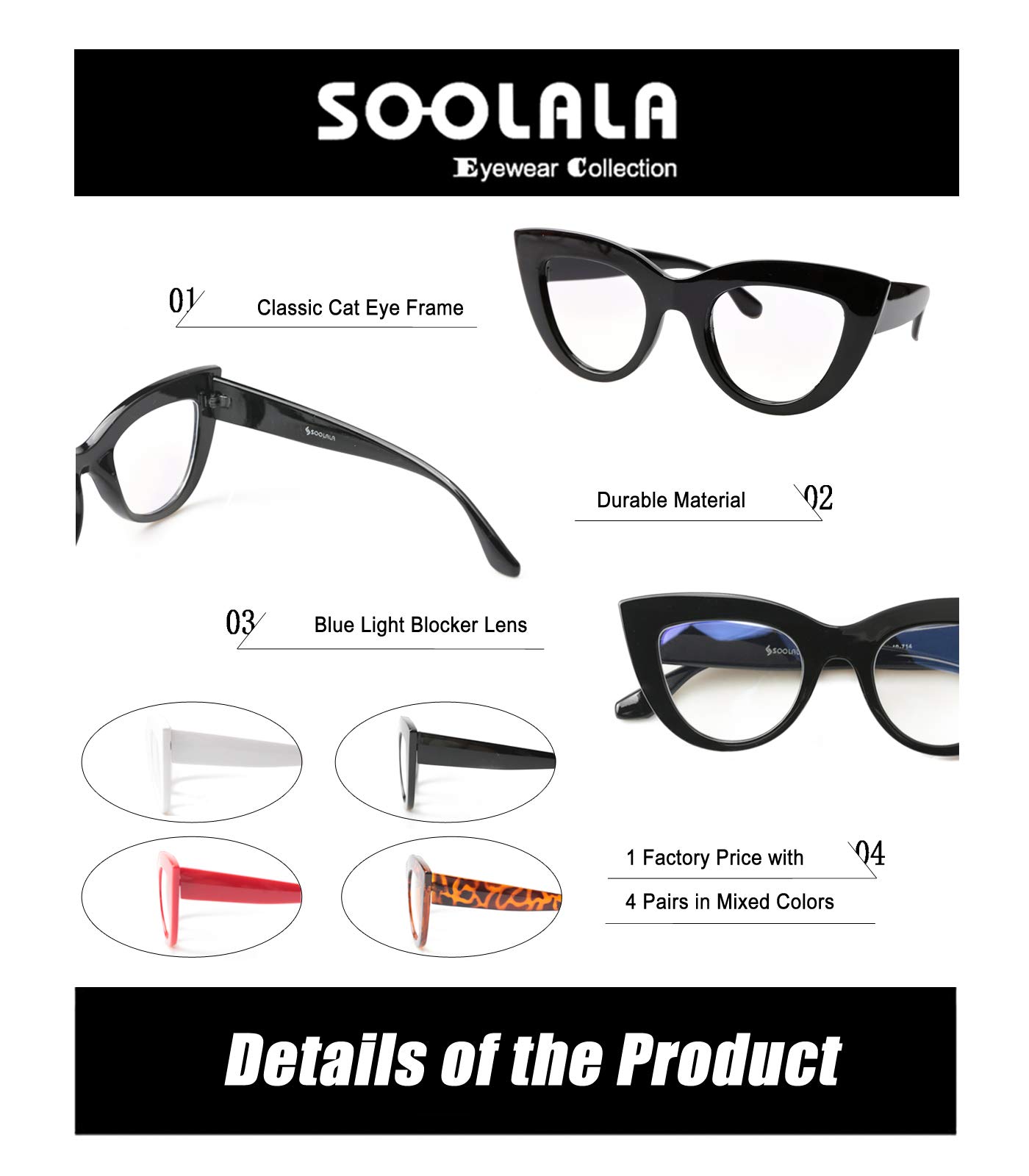 SOOLALA Blue Light Blocking Reading Glasses for Women - 4 Pairs Value Pack with Mixed Colors, Cat Eye Style - Perfect for Computer Work, Reading & Screen Time