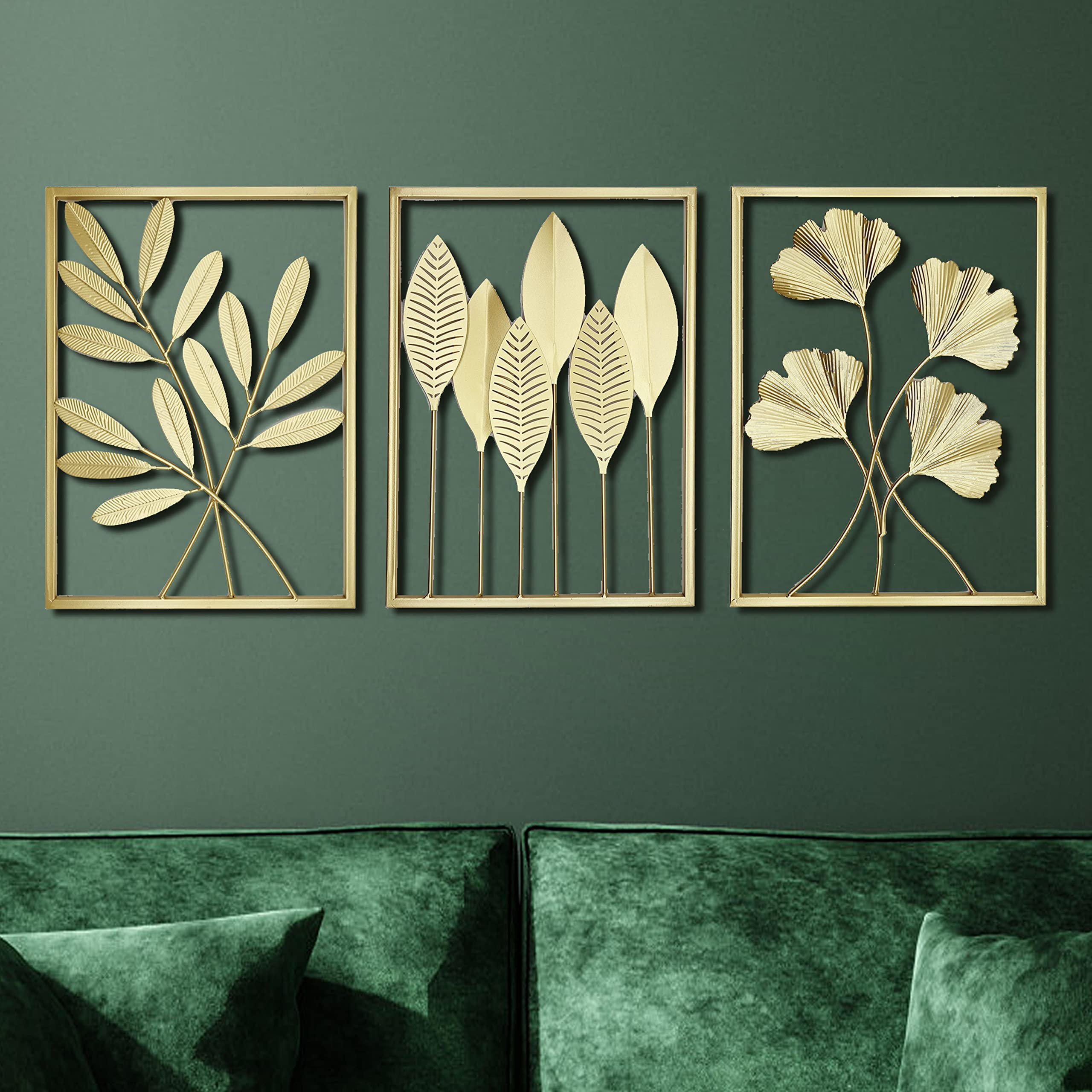 Remenna 3-Pack Gold Metal Tree Leaf Wall Art with Frame - Modern Home Decor for Living Room, Bedroom, Office & Bathroom | Perfect for Housewarming Gifts & Interior Design