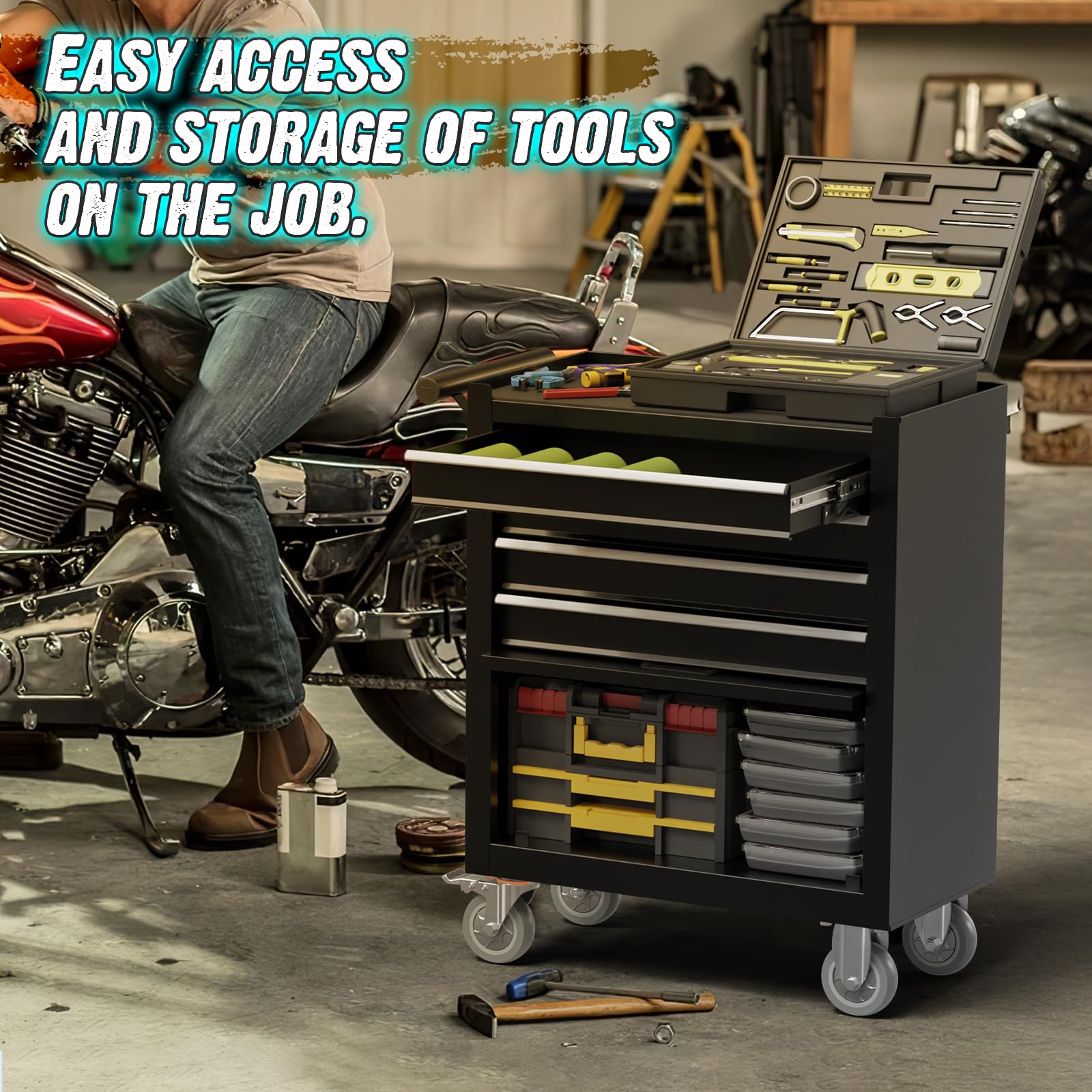 4-Drawer Rolling Tool Chest - Heavy Duty Metal Tool Cart with Wheels & Locking Drawer System - Garage & Workshop Storage Organizer for Tools - Perfect for Mechanics, DIY Enthusiasts & Warehouse Use