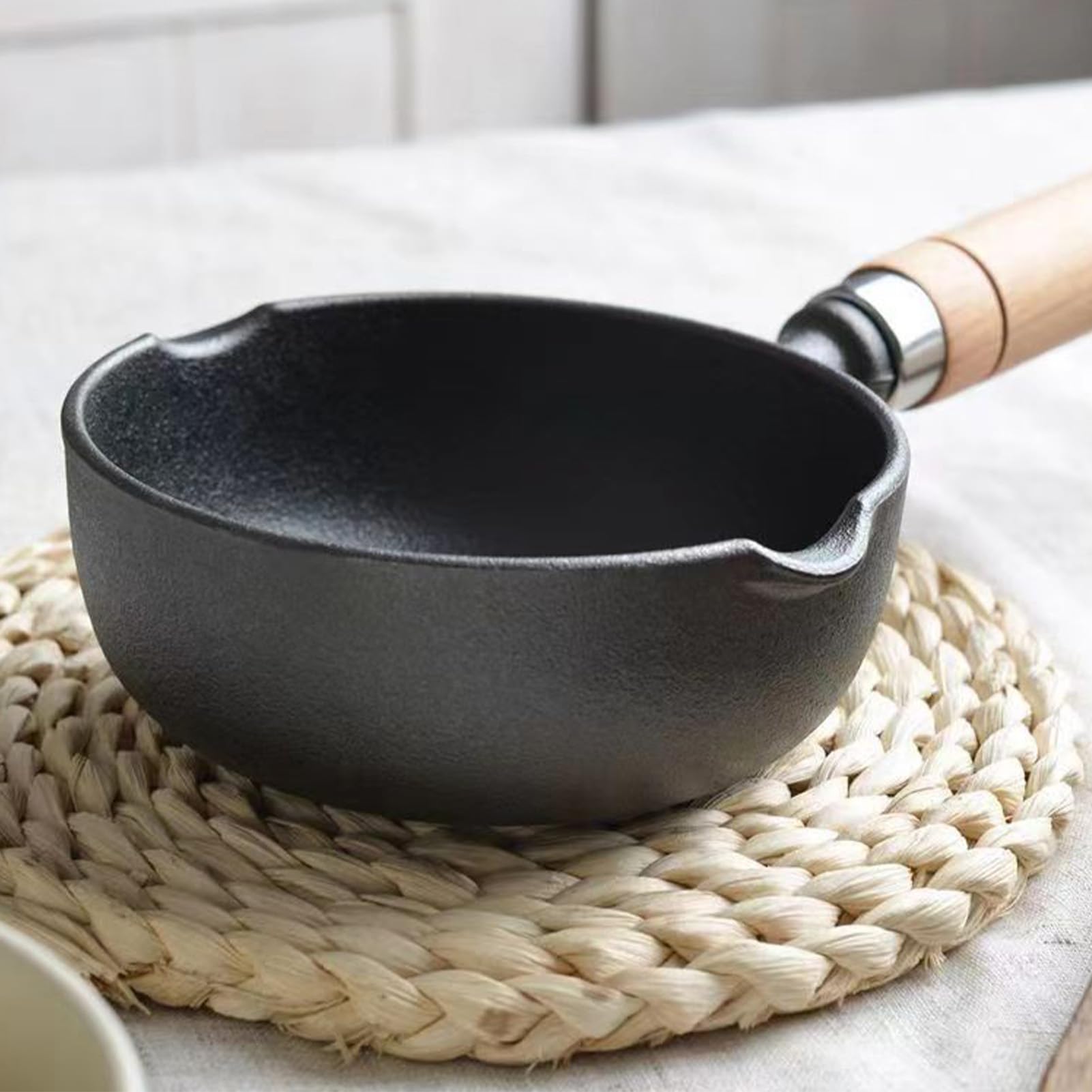 4.3 Inch Cast Iron Melting Pot - Mini Egg Frying Pan, Oil Heating Pan & Milk Butter Warmer with Wood Handle for Home Kitchen | Perfect for Camping, Baking & Stovetop Cooking