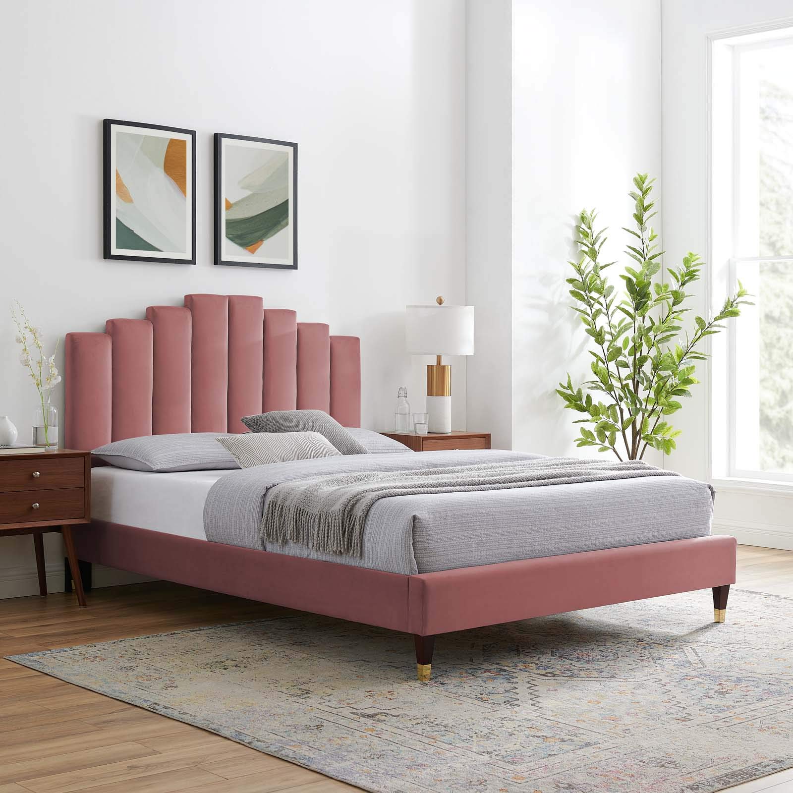Modway Elise Channel Tufted Performance Velvet Full Platform Bed - Dusty Rose with Gold Legs | Luxurious Modern Bedroom Furniture for Master Suite or Guest Room