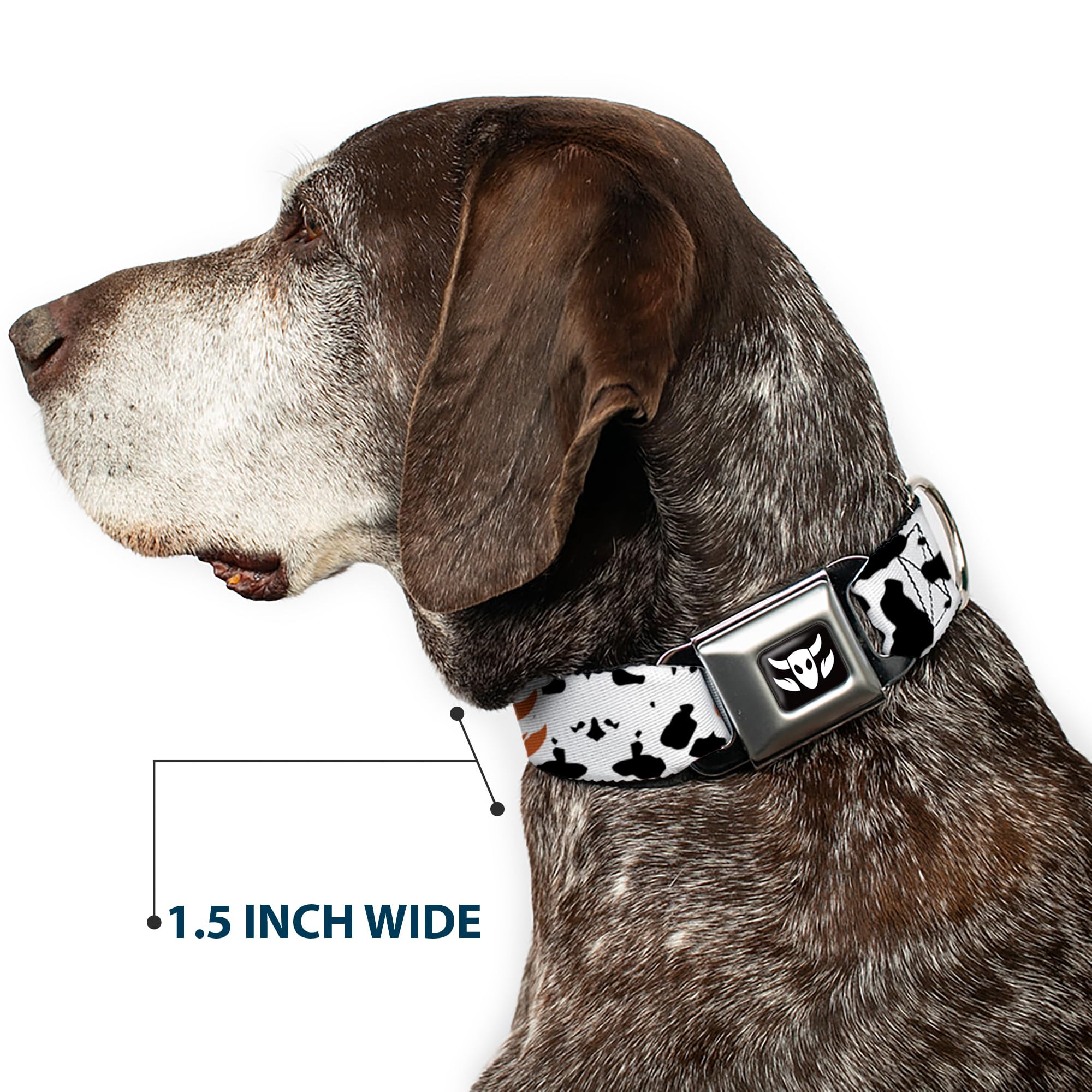Buckle-Down Dog Collar with Seatbelt Buckle - Toy Story Woody Bounding Cowboy Design in White, Black & Brown - 1.5
