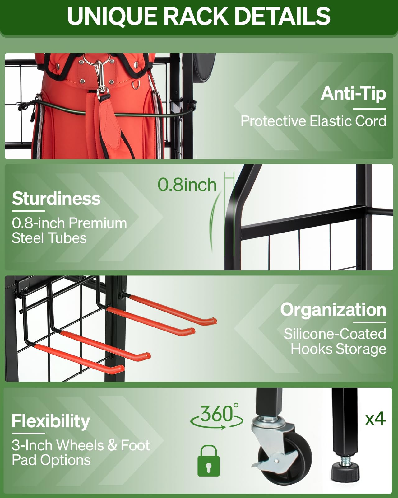 Heavy Duty Golf Bag Storage Rack with Wheels - 3 Golf Bag Stand Organizer for Garage, 4 Hooks & Extra Golf Club Display - Perfect for Golf Equipment Storage & Sports Gear Organization (Ideal for Home Garage, Basement, or Clubhouse Storage)