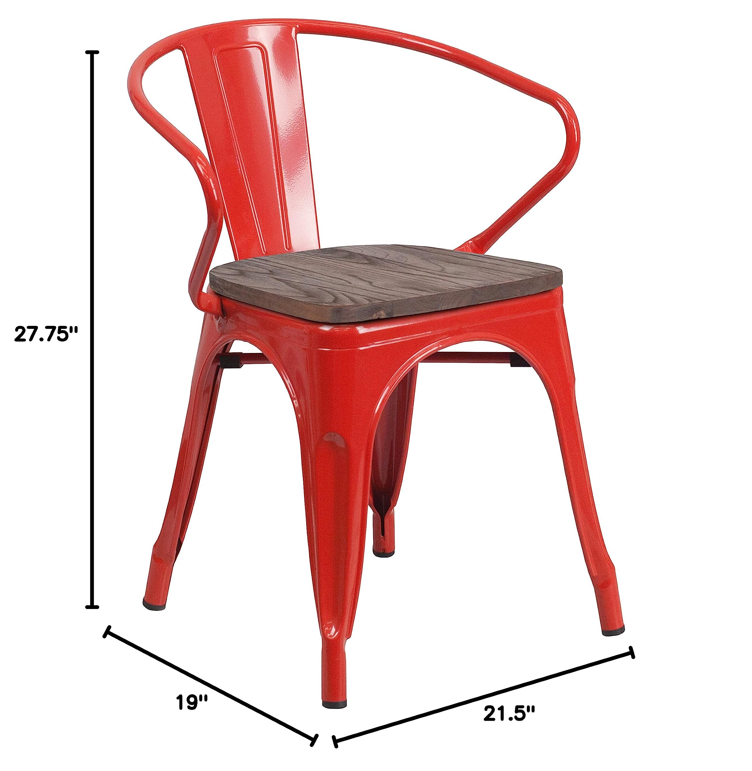 4 Pack Red Metal Chairs with Wooden Seats & Arms - Durable Restaurant & Cafe Furniture for Indoor & Outdoor Dining, Patio, Bistro, and Home Decor