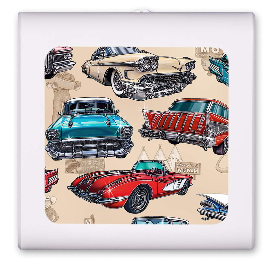 Dimmable LED Night Light with Auto On/Off Sensor - Adjustable Brightness Warm White for Bathroom, Hallway, Nursery & Bedroom - Vintage 50's Hot Rods Design by Dan Morris - Perfect for Nighttime Safety and Comfort