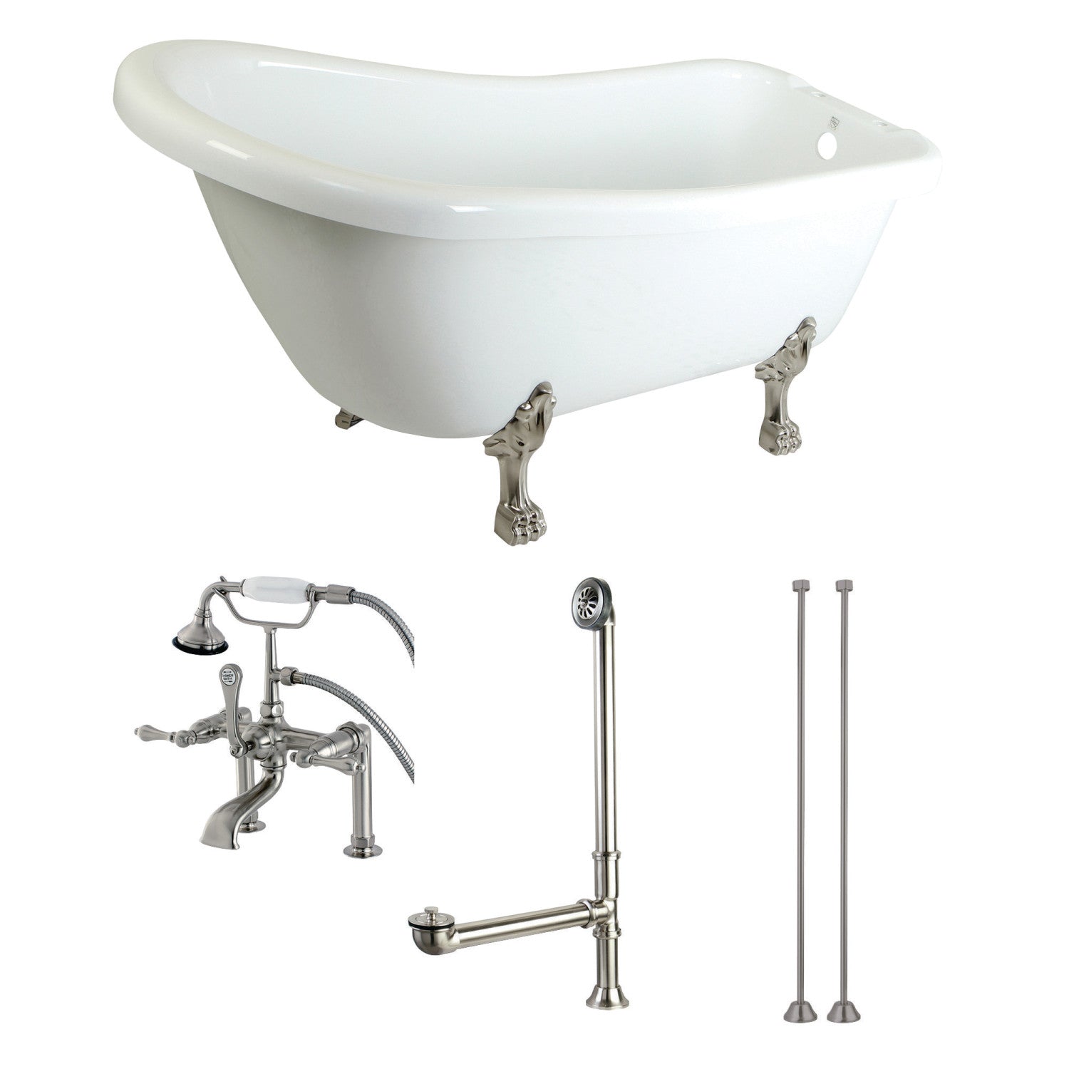Aqua Eden 67-Inch Acrylic Oval Single Slipper Clawfoot Bathtub with Faucet, Drain & Supply Lines - Glossy White/Brushed Nickel - Freestanding Soaking Tub for Luxury Bathroom & Spa Retreat