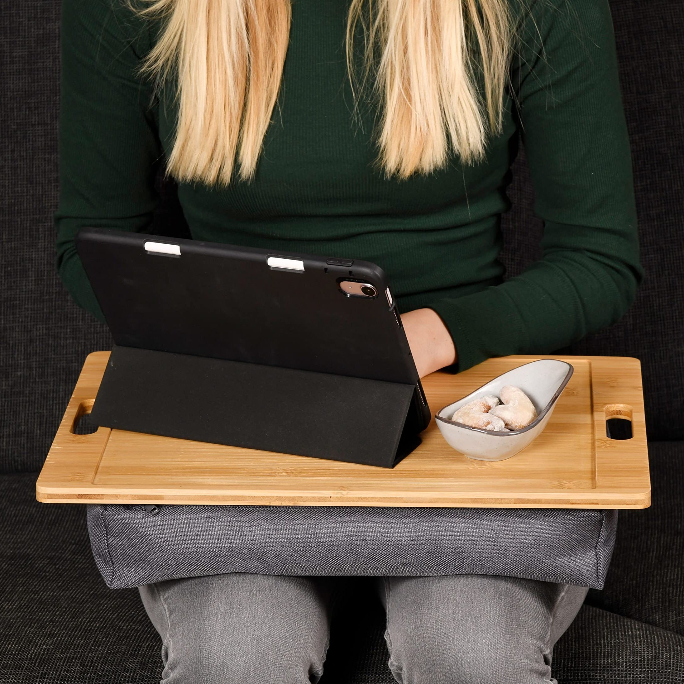 Ergonomic Bamboo Laptop Tray with Comfort Cushion - Portable Desk for Bed, Sofa & Floor Use - Perfect for Work, Study & Relaxation at Home or Office