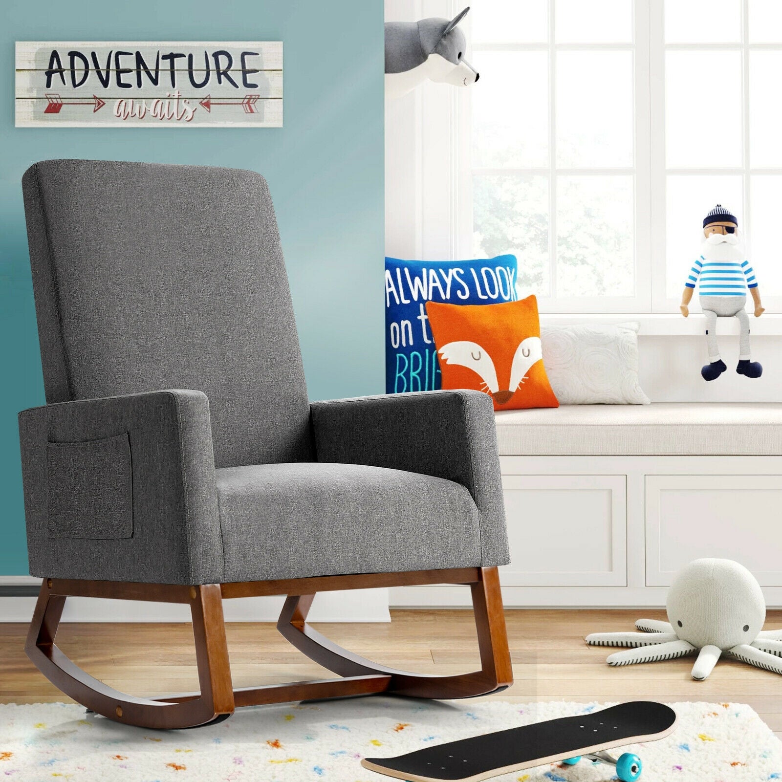 Gray High Back Upholstered Rocking Lounge Chair with Side Pocket - Perfect for Living Room, Nursery, or Reading Nook Comfort