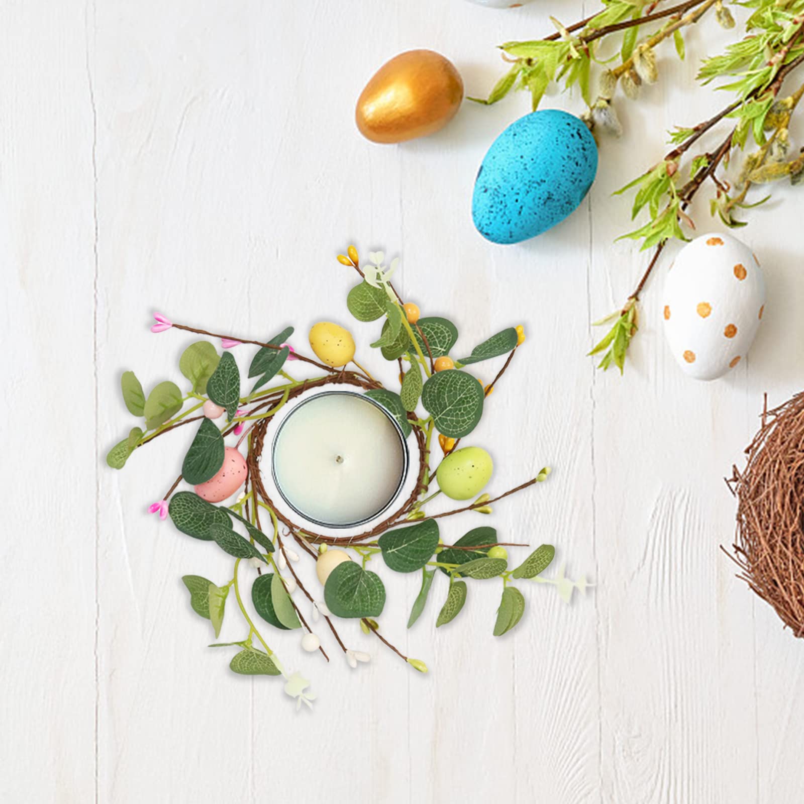 BEIJIALY 4-Pack Easter Candle Rings - Farmhouse Style Artificial Wreaths with Easter Eggs & Pip Berries for Table Decor - Green (Perfect for Easter Holiday Centerpieces, Spring Home Decor & Farmhouse Themed Parties)