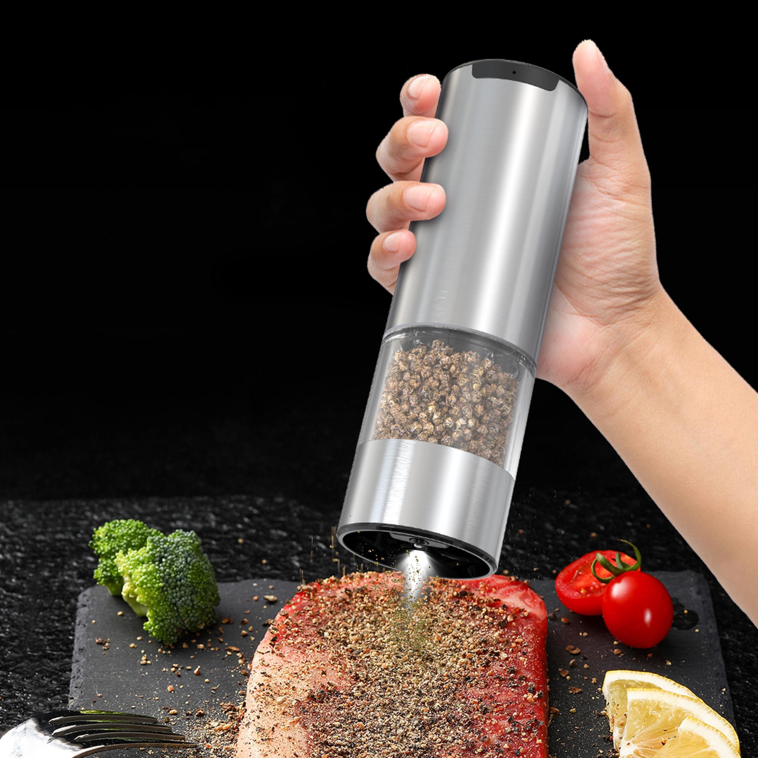 Rechargeable Electric Pepper Grinder & Salt Mill - LED Stainless Steel One-Hand Automatic Operation, Adjustable Coarseness, Refillable - Perfect for Kitchen, Dining Table & Camping Use