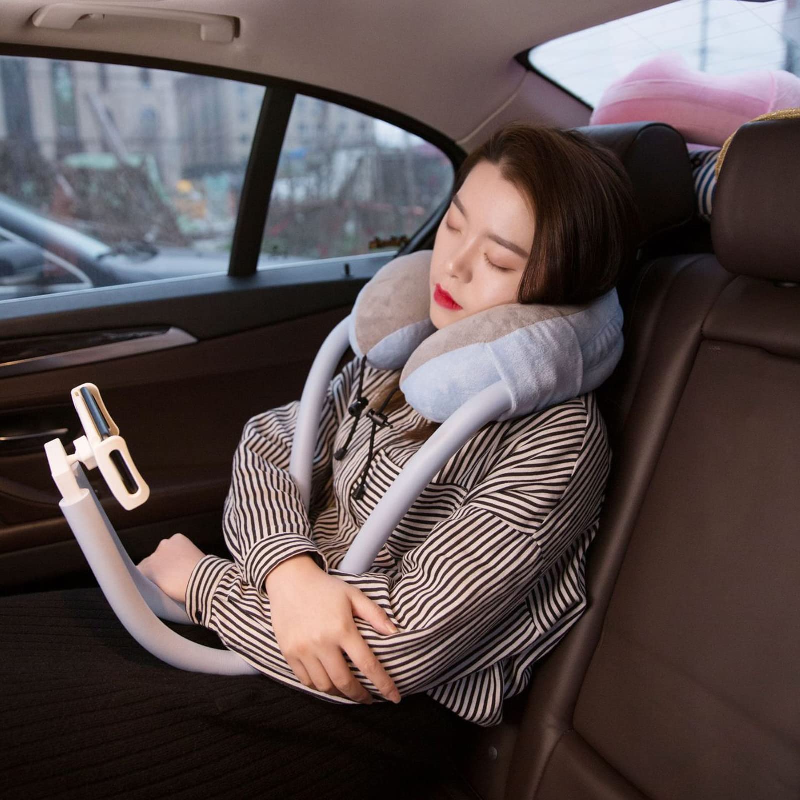 AMONIDA U-Shaped Travel Pillow with Phone Holder - Comfortable Neck Support for Airplane, Car, Home & Office Use - Hands-Free Phone Stand for Watching Videos & Relaxing
