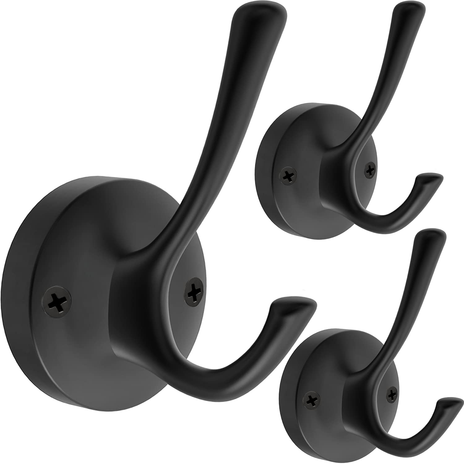 Black Heavy Duty Metal Wall Hooks - 3 Pack Double Coat & Towel Hooks for Bathroom, Kitchen, Entryway, Closet & Garage - Perfect for Hanging Robes, Towels, Coats & More