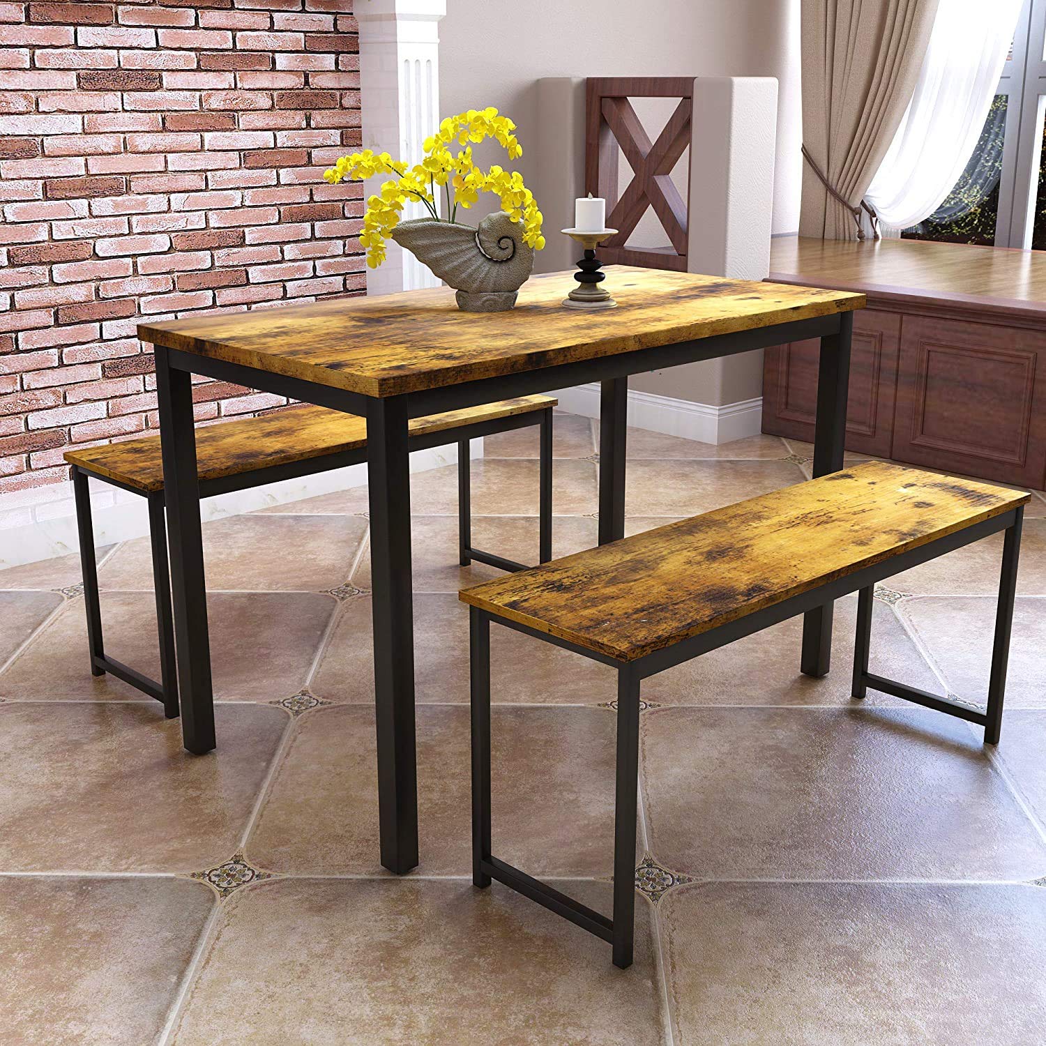 DKLGG 4-6 Person Farmhouse Dining Table Set with 2 Benches - Solid Wood Kitchen Table & Chairs for Small Spaces, Brown | Perfect for Breakfast Nook, Apartment Dining, and Cozy Family Meals