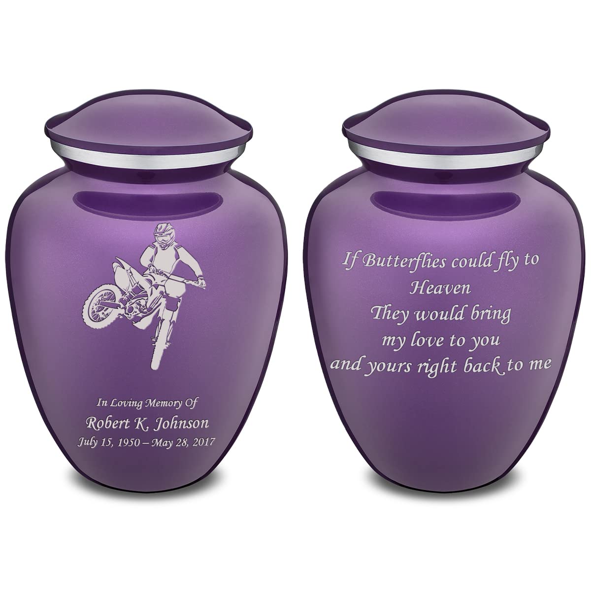 Personalized Dirtbike Cremation Urn for Ashes - Large Purple Funeral Urn for Men & Women with Double-Sided Engraving (Holds 200 lbs) - Memorial Keepsake for Motorcycle Lovers & Outdoor Enthusiasts