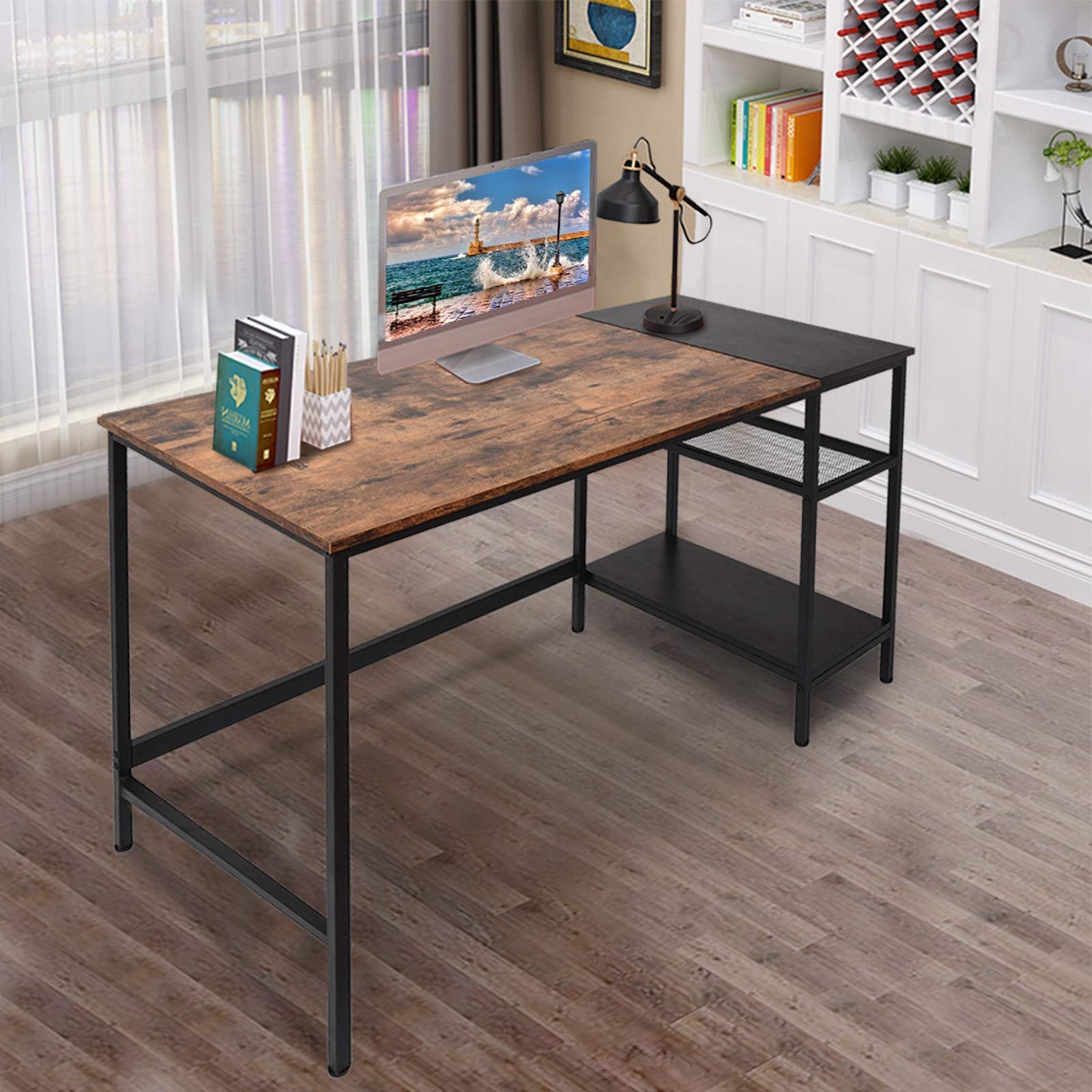 Modern Minimalist Corner Computer Desk with Bookshelf - Compact PC Laptop Study Writing Desk for Home Office (Brown-Black) | Space-Saving Workstation for Small Rooms & Apartments