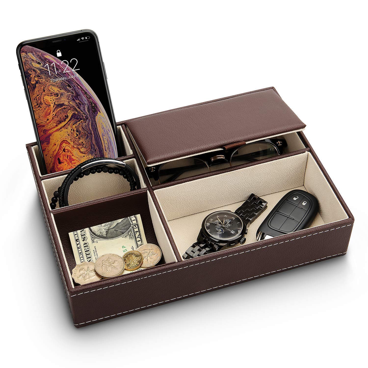 Premium Leather Valet Tray Organizer - 5 Compartment Dresser Top Box for Jewelry, Watches & EDC Essentials - Perfect Nightstand Organizer for Men & Women - Ideal for Bedroom, Bathroom & Travel Use
