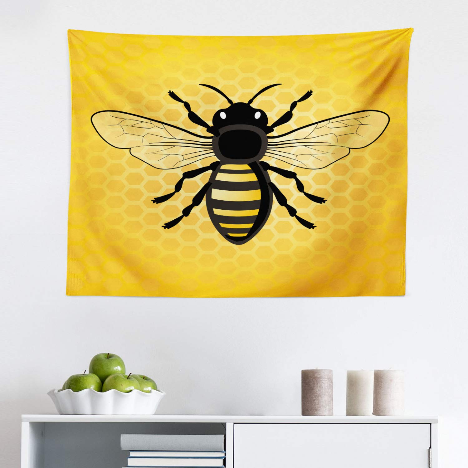 Ambesonne Queen Bee Tapestry Wall Art - Detailed Honeycomb Insect Design Fabric Wall Hanging for Bedroom, Living Room, Dorm Decor - 28x23 Inches in Earth Yellow & Grey - Perfect for Boho, Nature-Themed Rooms & Beekeeping Enthusiasts