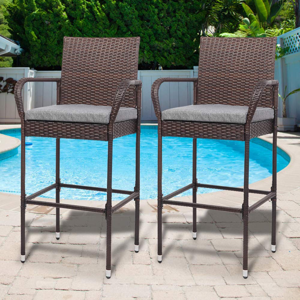 VINGLI 2-Piece Outdoor Wicker Bar Stool Set with Cushions - 30