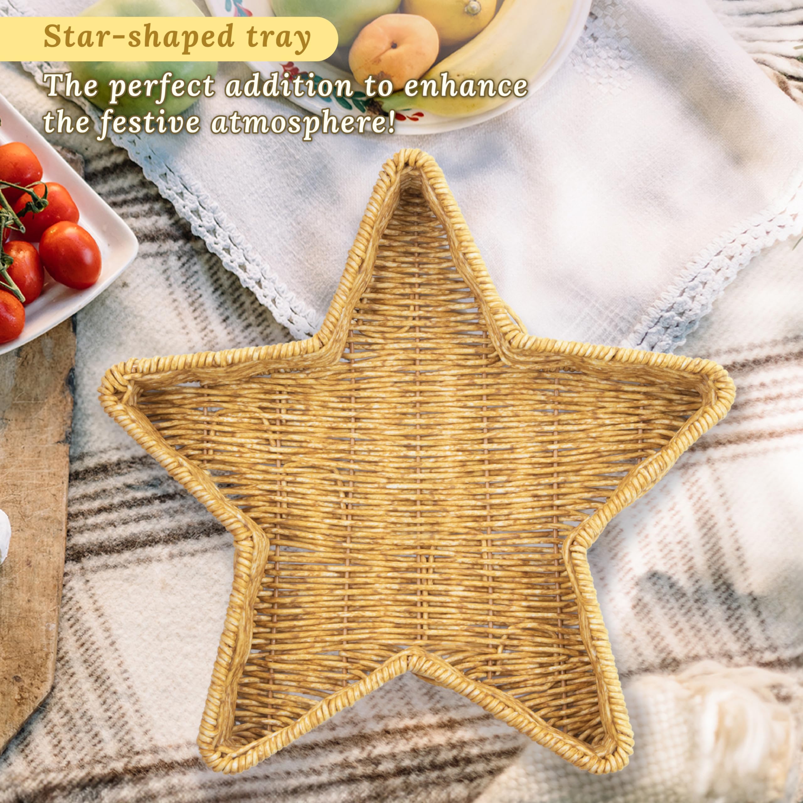 Star Wicker Basket Set of 2 - Handwoven Rattan Decorative Storage Baskets for Home Decor, Gift Wrapping, Christmas Serving Dishes & Platters - Perfect for Organizing, Table Centerpieces, and Farmhouse Style Decor