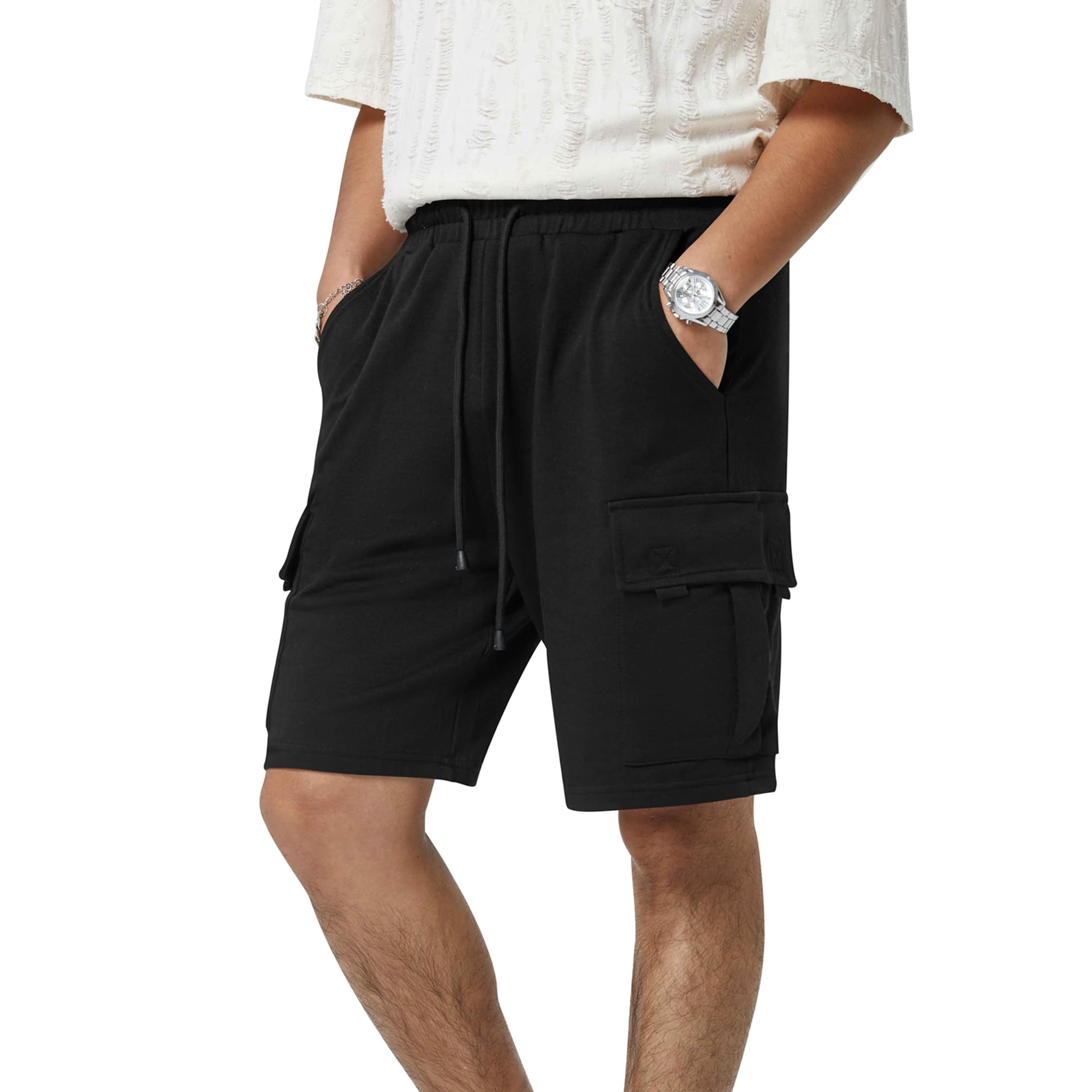 Men's Casual Sweat Cargo Cotton Shorts with Drawstring Elastic Waist - 5 Pocket Athletic Workout Gym Jogger Shorts for Running, Training & Outdoor Activities