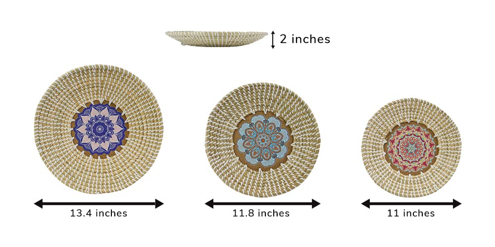 Set of 3 Boho Woven Hanging Wall Baskets - Natural Rattan & Seagrass Wicker Decor for Home, Kitchen, or Office - Perfect for Fruit Bowls, Serving Trays, and Decorative Wall Plates