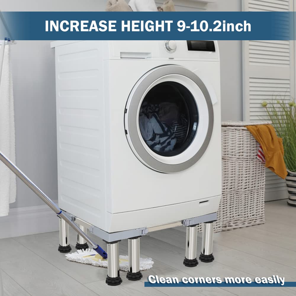 Kokorona Adjustable Washing Machine Stand & Mini Fridge Pedestal with 8 Strong Feet (9-10.2 Inch Height, Dual-Tube Design) - Heavy Duty 606LBS Capacity for Laundry Room & Kitchen Appliances - Perfect for Compact Spaces & Apartment Living