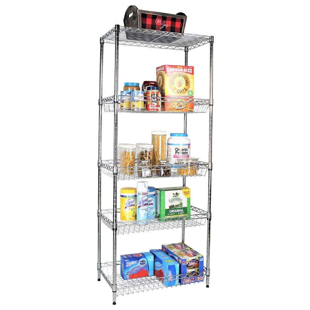 5-Tier Chrome Wire Shelving Unit with Baskets - 24
