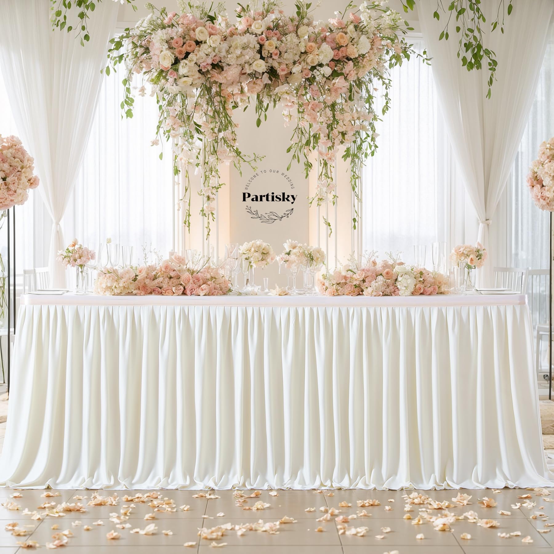Partisky 14ft Ivory Polyester Table Skirt - Wrinkle Resistant Pleated Ruffle Tablecloth for Banquet, Wedding, Baby Shower & Dining | Perfect for Rectangle Tables, Trade Shows & Gift Displays